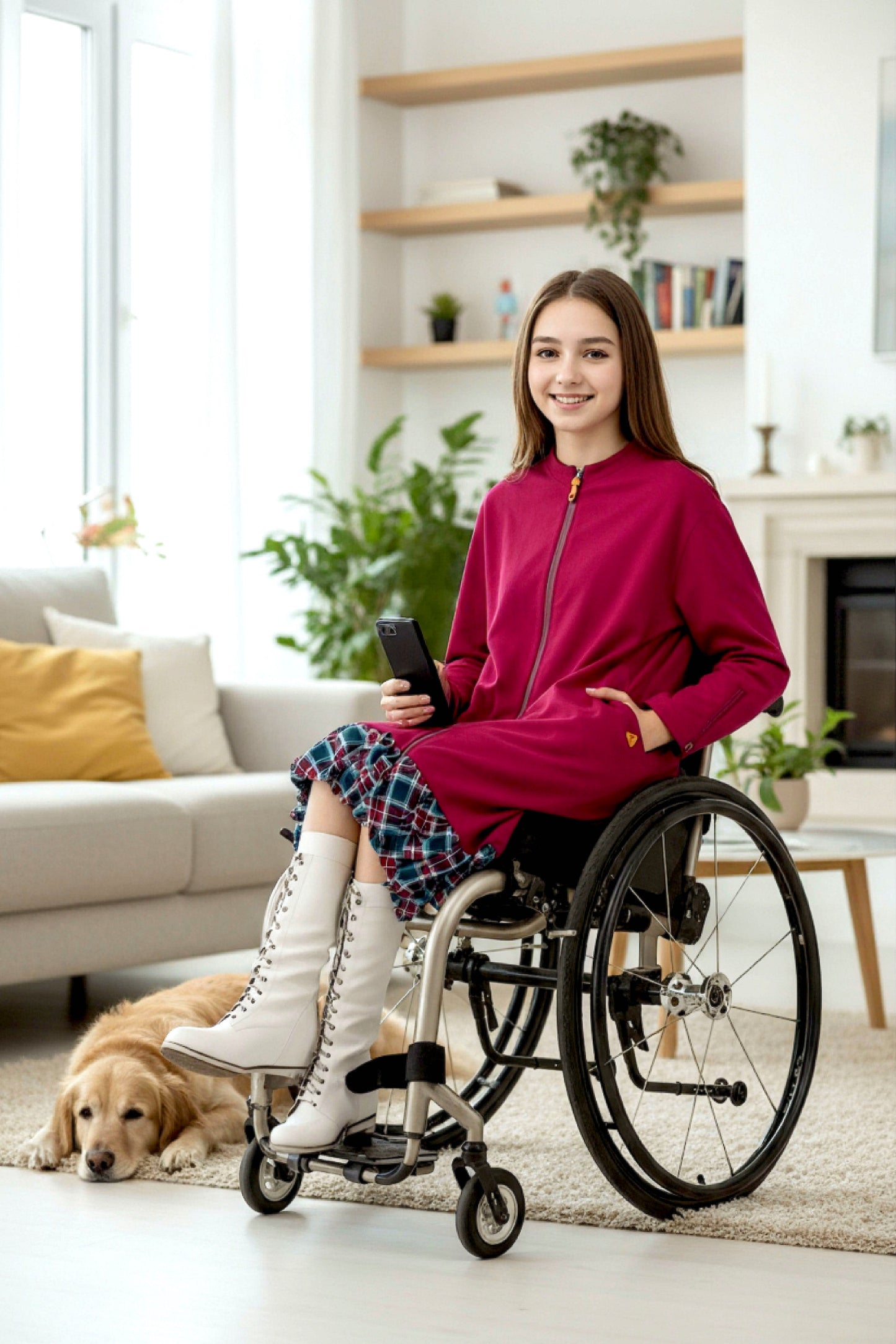 Adaptive Kids Dolman Sweatshirt Dress with full Zipper & Contrast Frills