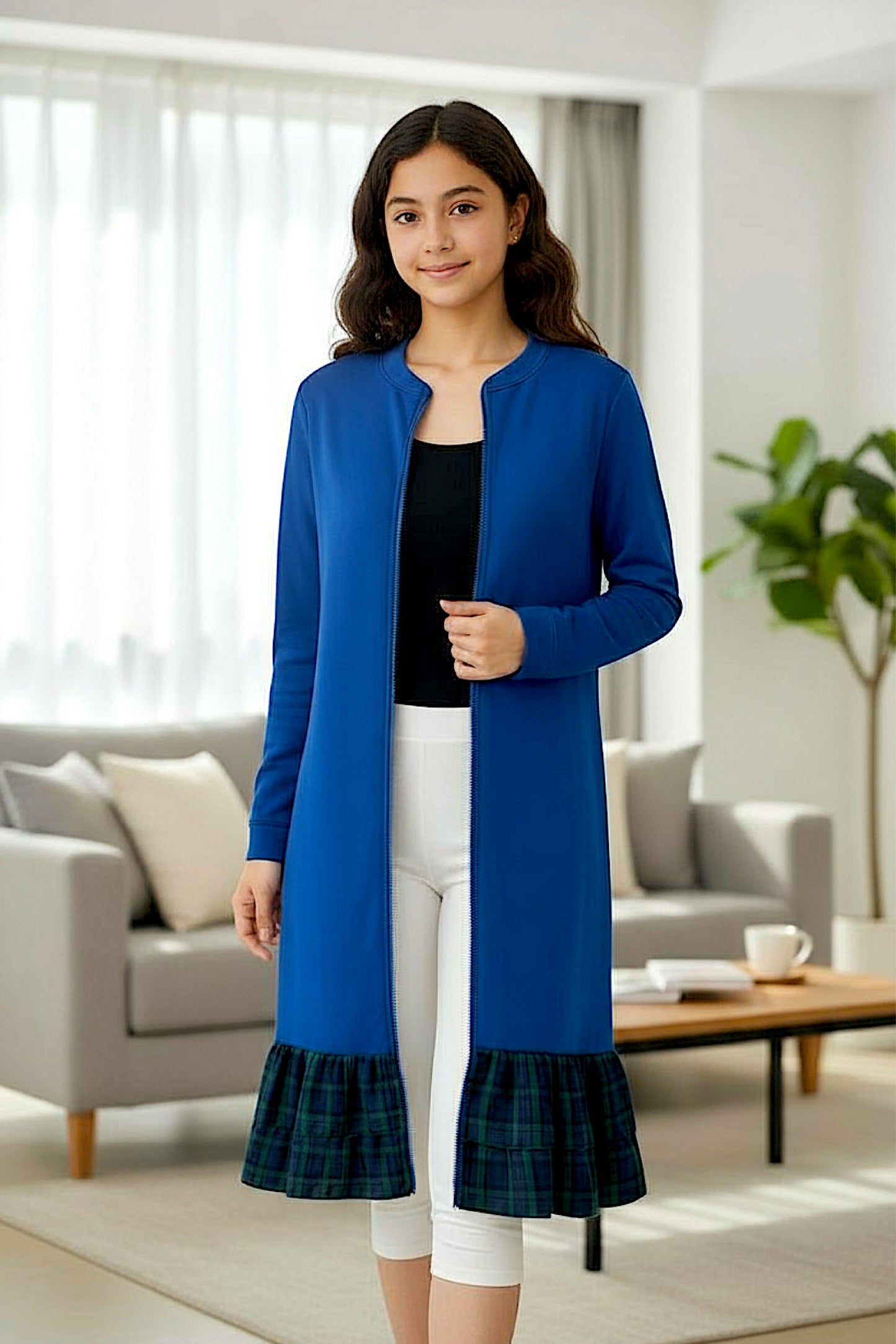 Adaptive Kids Dolman Sweatshirt Dress with full Zipper & Contrast Frills