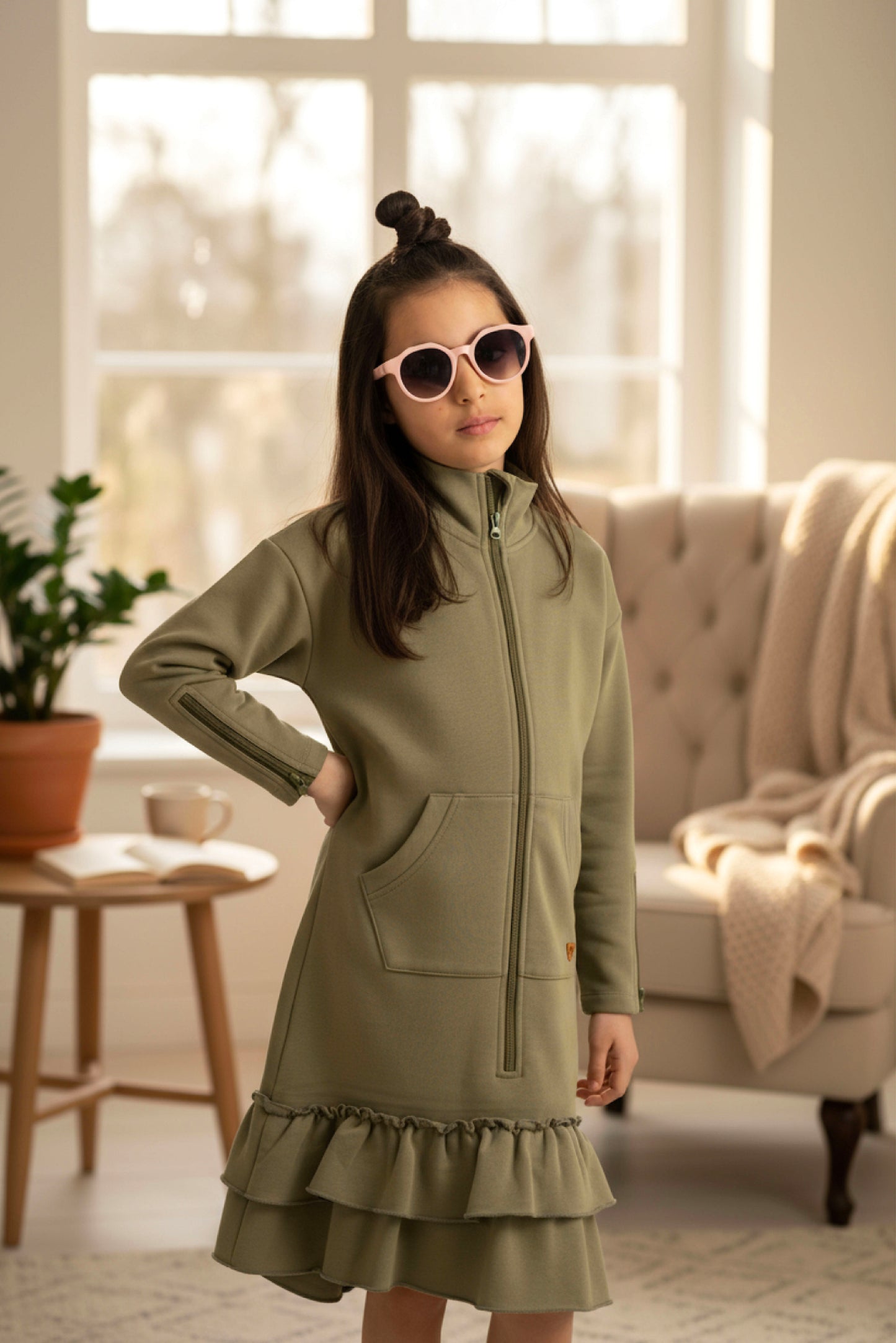 Kids Adaptive Dolman Sweatshirt Dress with Zipper & Cargo Pocket