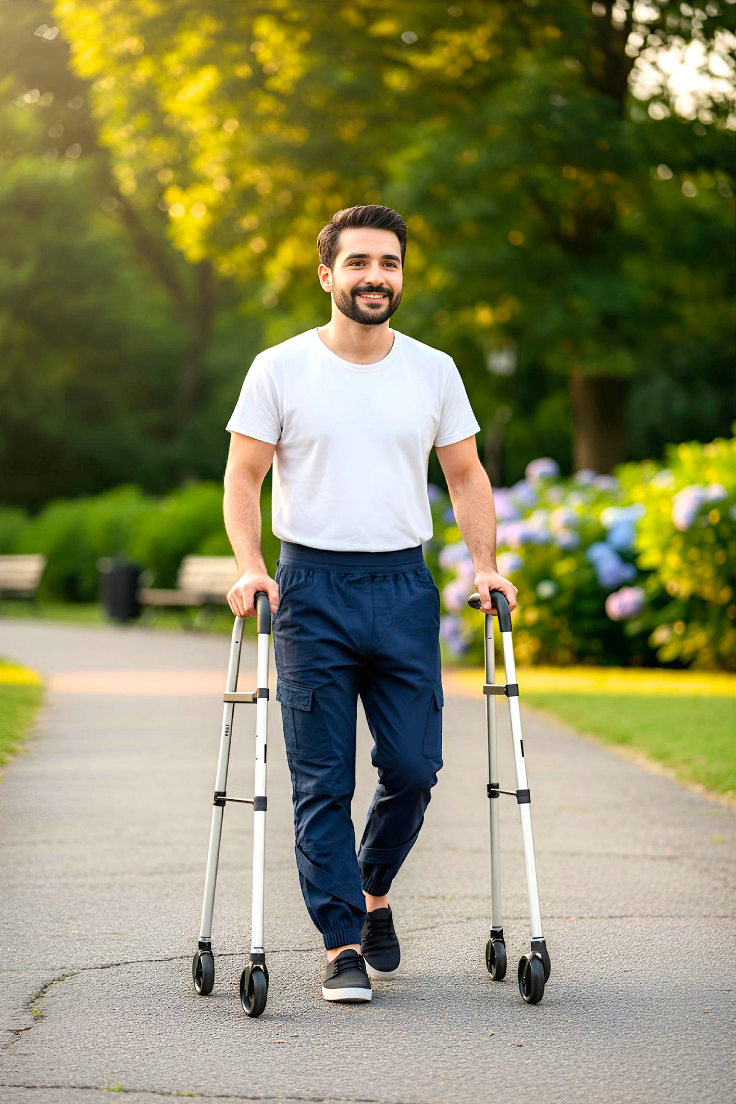 Men's Adaptive Clothing Woven Jogger Pants, Full Waistband Ribbed with Elastic and a Strip, Easy Zipper, Both at the Top and Bottom