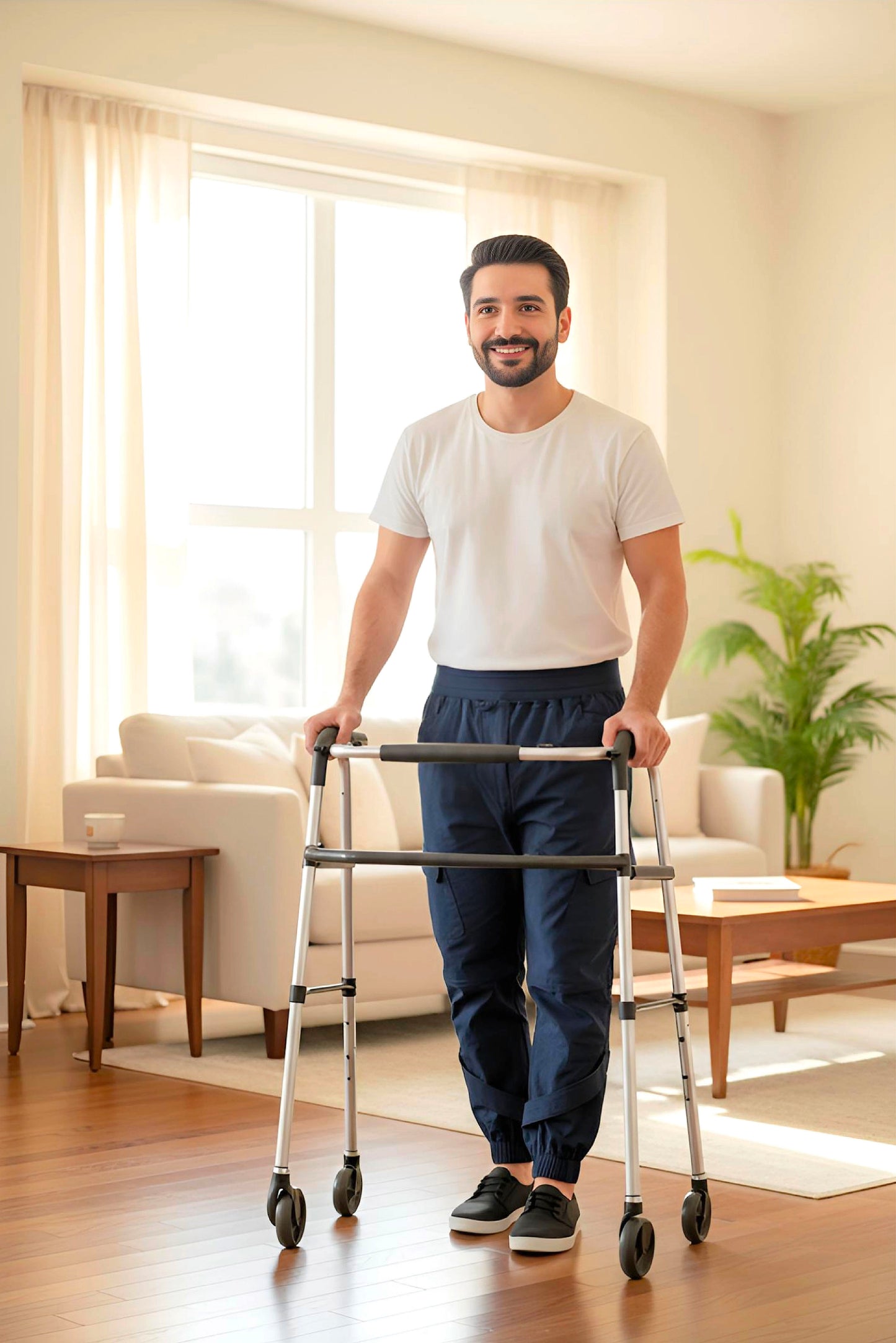 Men's Adaptive Clothing Woven Jogger Pants, Full Waistband Ribbed with Elastic and a Strip, Easy Zipper, Both at the Top and Bottom