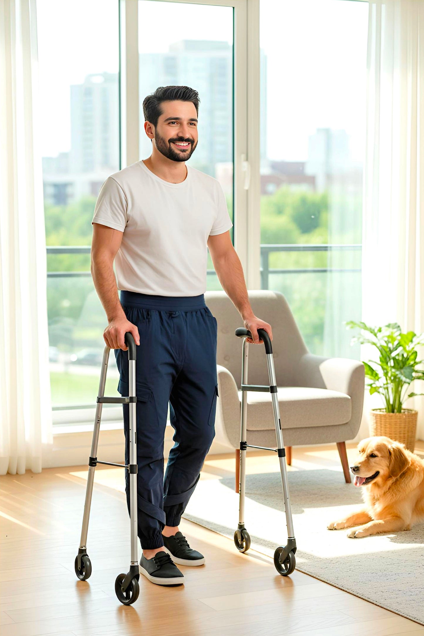 Men's Adaptive Clothing Woven Jogger Pants, Full Waistband Ribbed with Elastic and a Strip, Easy Zipper, Both at the Top and Bottom