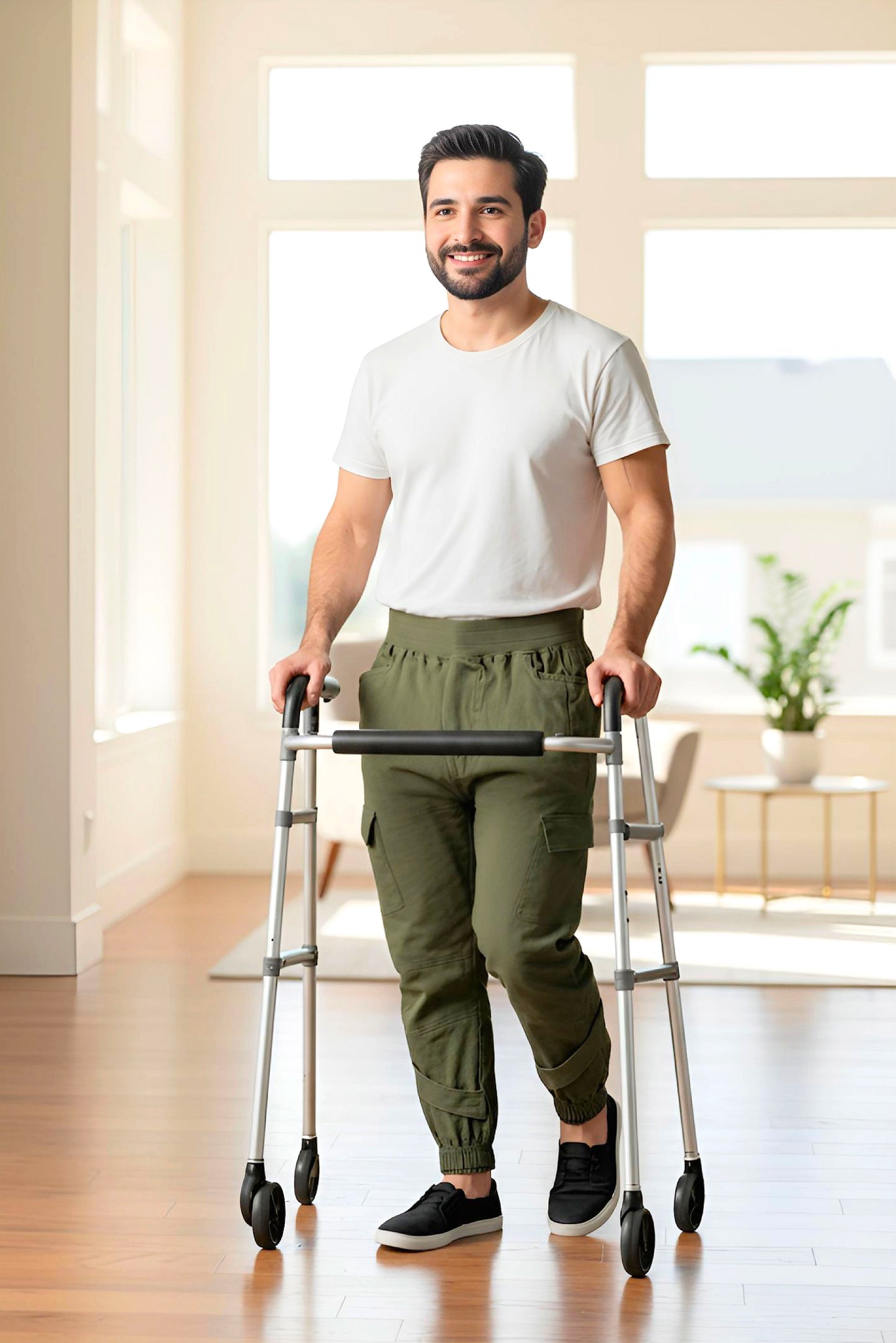 Men's Adaptive Clothing Woven Jogger Pants, Full Waistband Ribbed with Elastic and a Strip, Easy Zipper, Both at the Top and Bottom