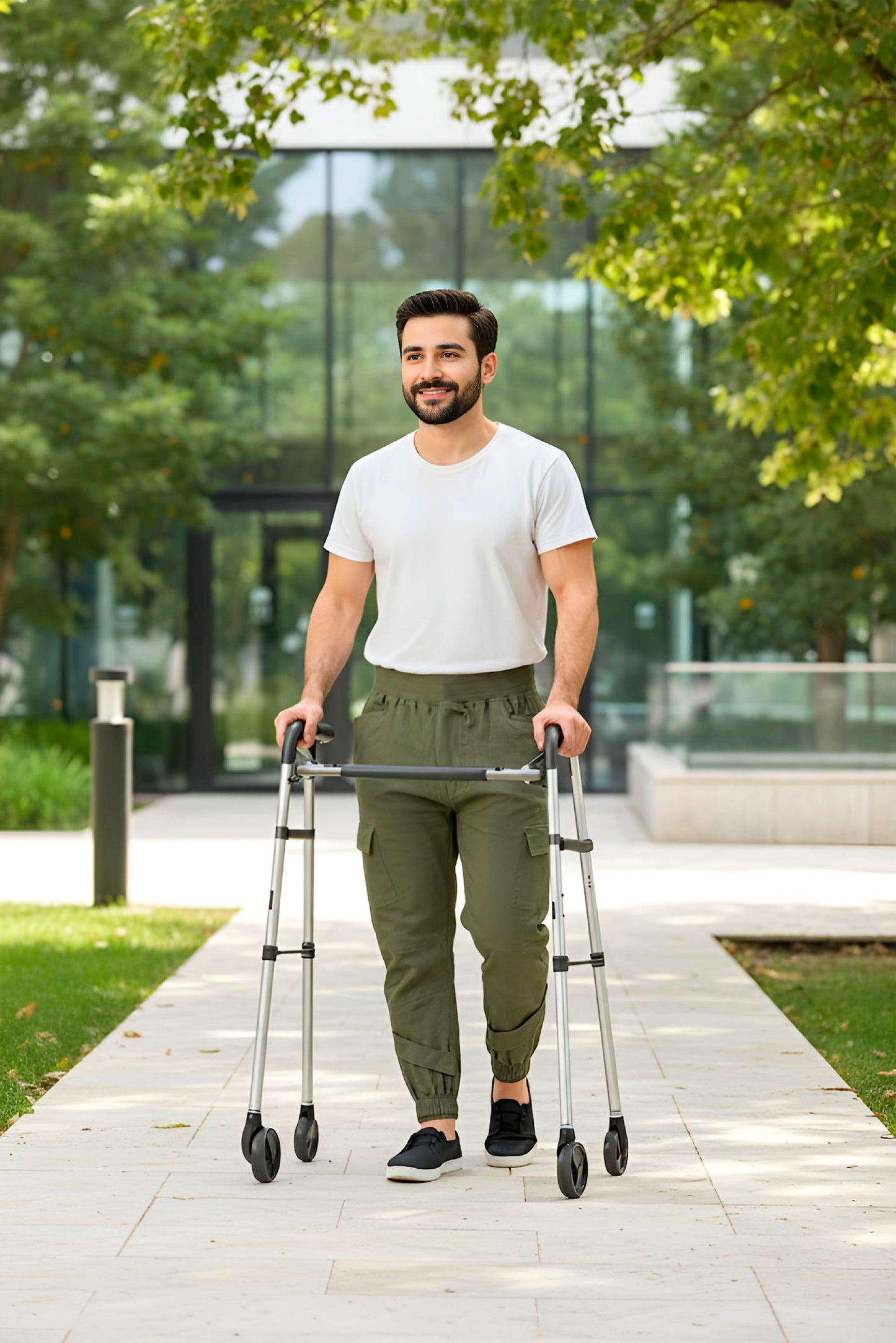 Men's Adaptive Clothing Woven Jogger Pants, Full Waistband Ribbed with Elastic and a Strip, Easy Zipper, Both at the Top and Bottom