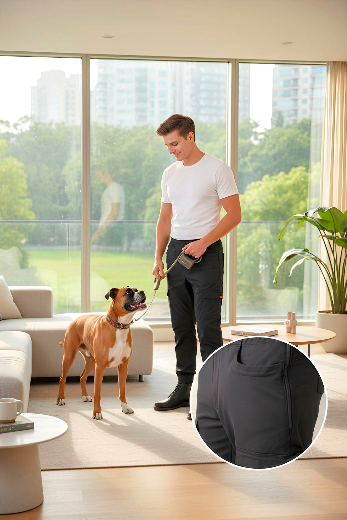 Men's Adaptive Clothing Woven Jogger Pants, Full Waistband Ribbed with Elastic and a Strip, Easy Zipper, Both at the Top and Bottom