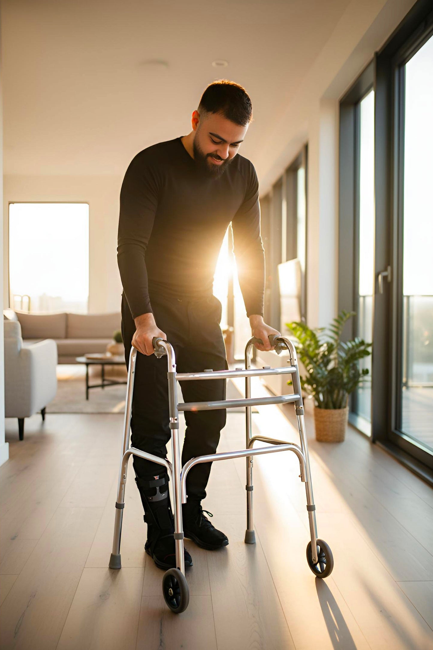 Men's Adaptive Clothing Woven Jogger Pants, Full Waistband Ribbed with Elastic and a Strip, Easy Zipper, Both at the Top and Bottom