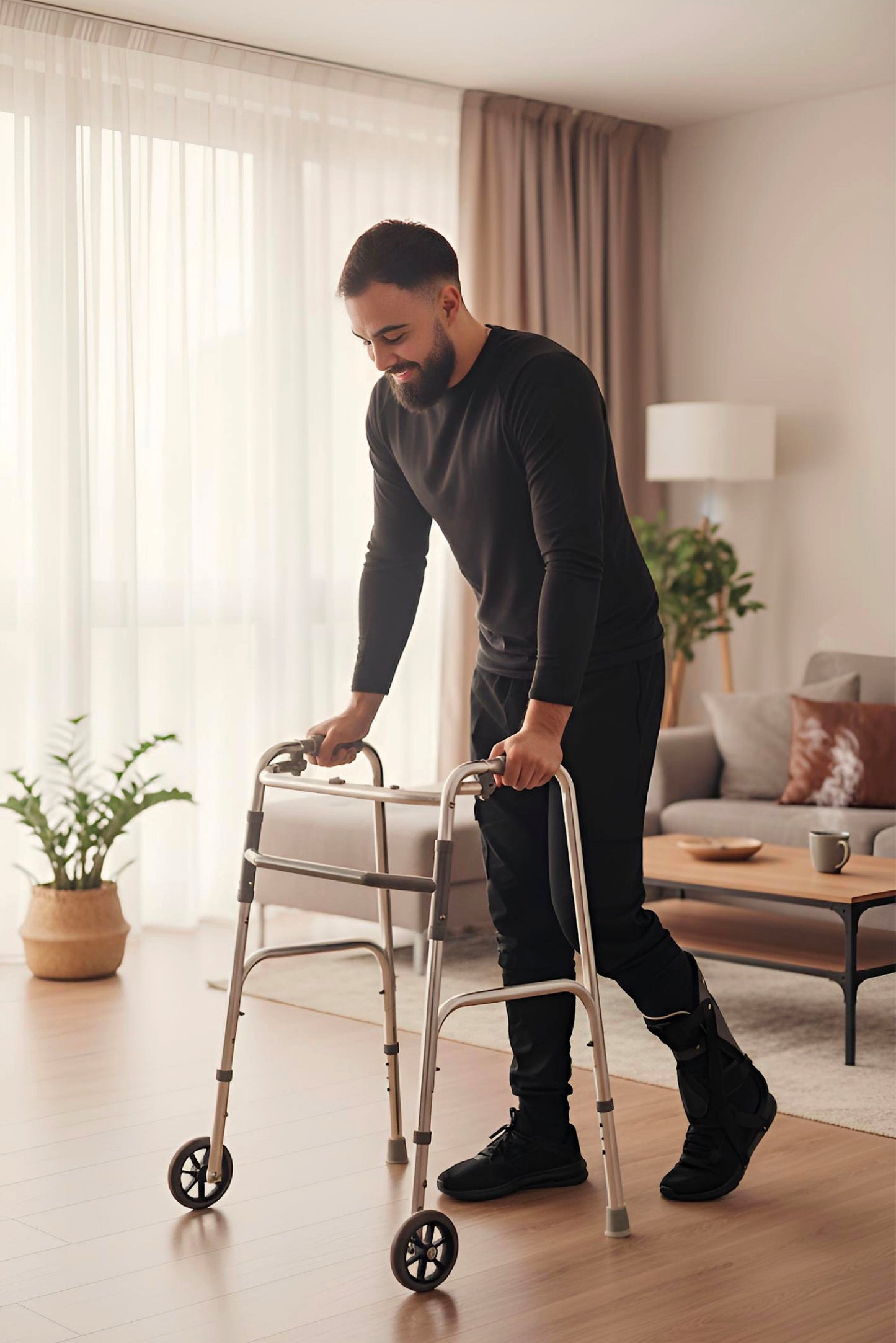 Men's Adaptive Clothing Woven Jogger Pants, Full Waistband Ribbed with Elastic and a Strip, Easy Zipper, Both at the Top and Bottom