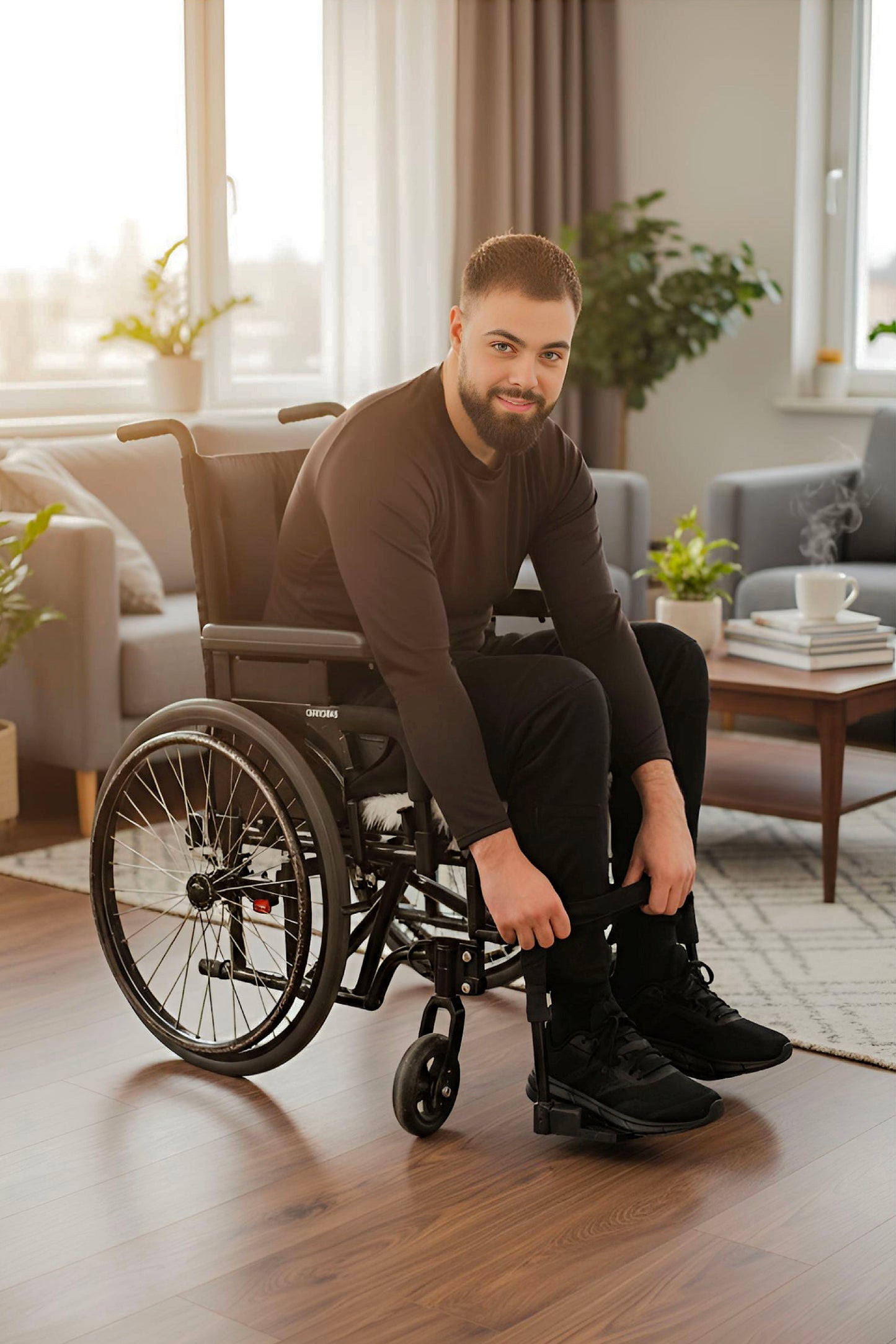 Men's Adaptive Clothing Woven Jogger Pants, Full Waistband Ribbed with Elastic and a Strip, Easy Zipper, Both at the Top and Bottom