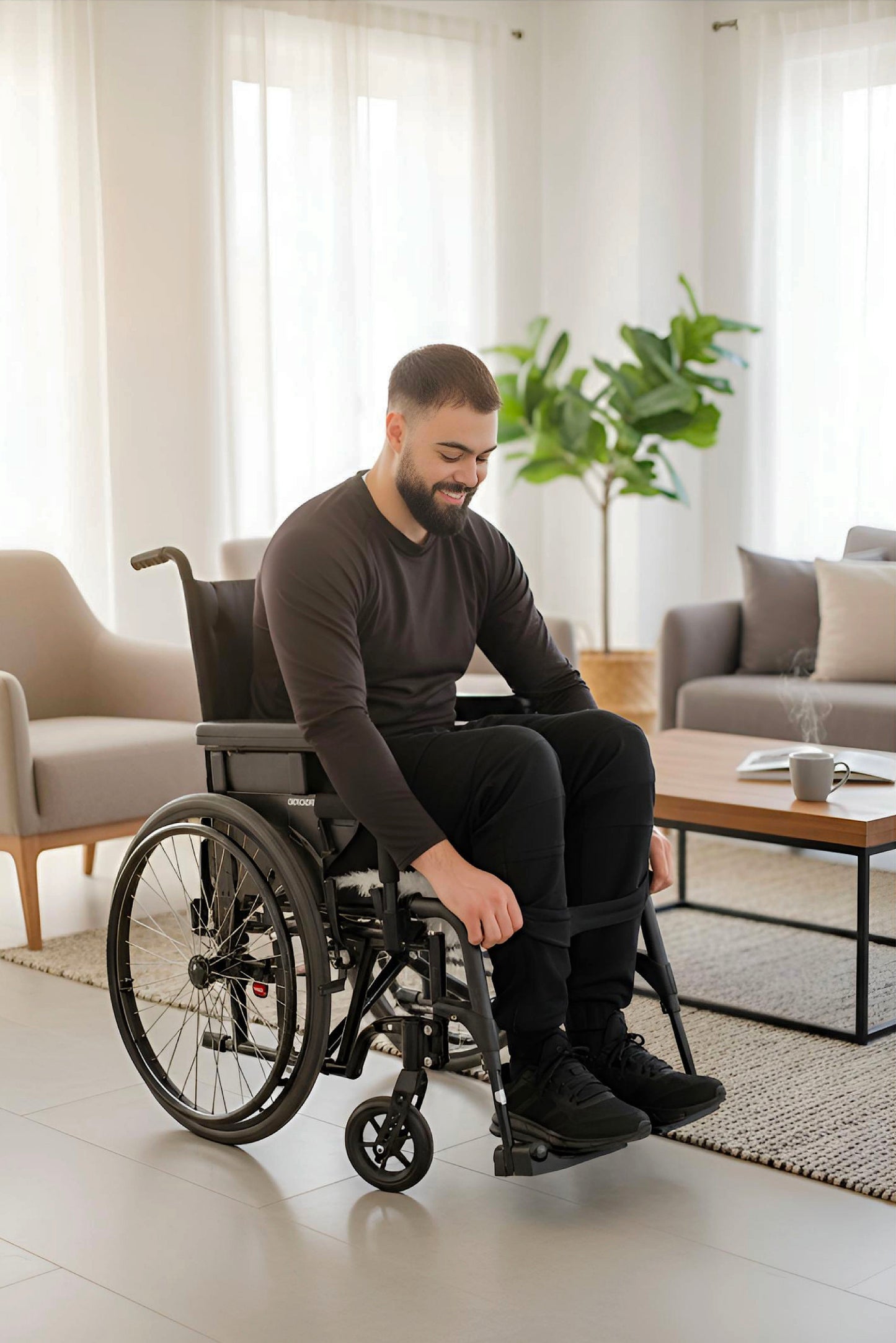 Men's Adaptive Clothing Woven Jogger Pants, Full Waistband Ribbed with Elastic and a Strip, Easy Zipper, Both at the Top and Bottom