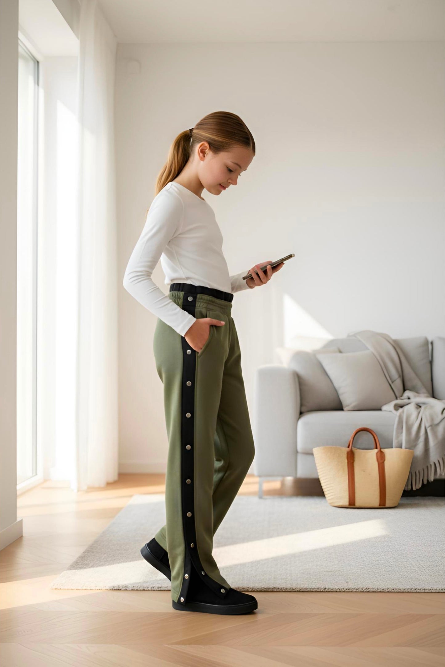 Adaptive Kids Sweatpants, with Full Elastic Waist & Side Full Zipper for Easy Undressing