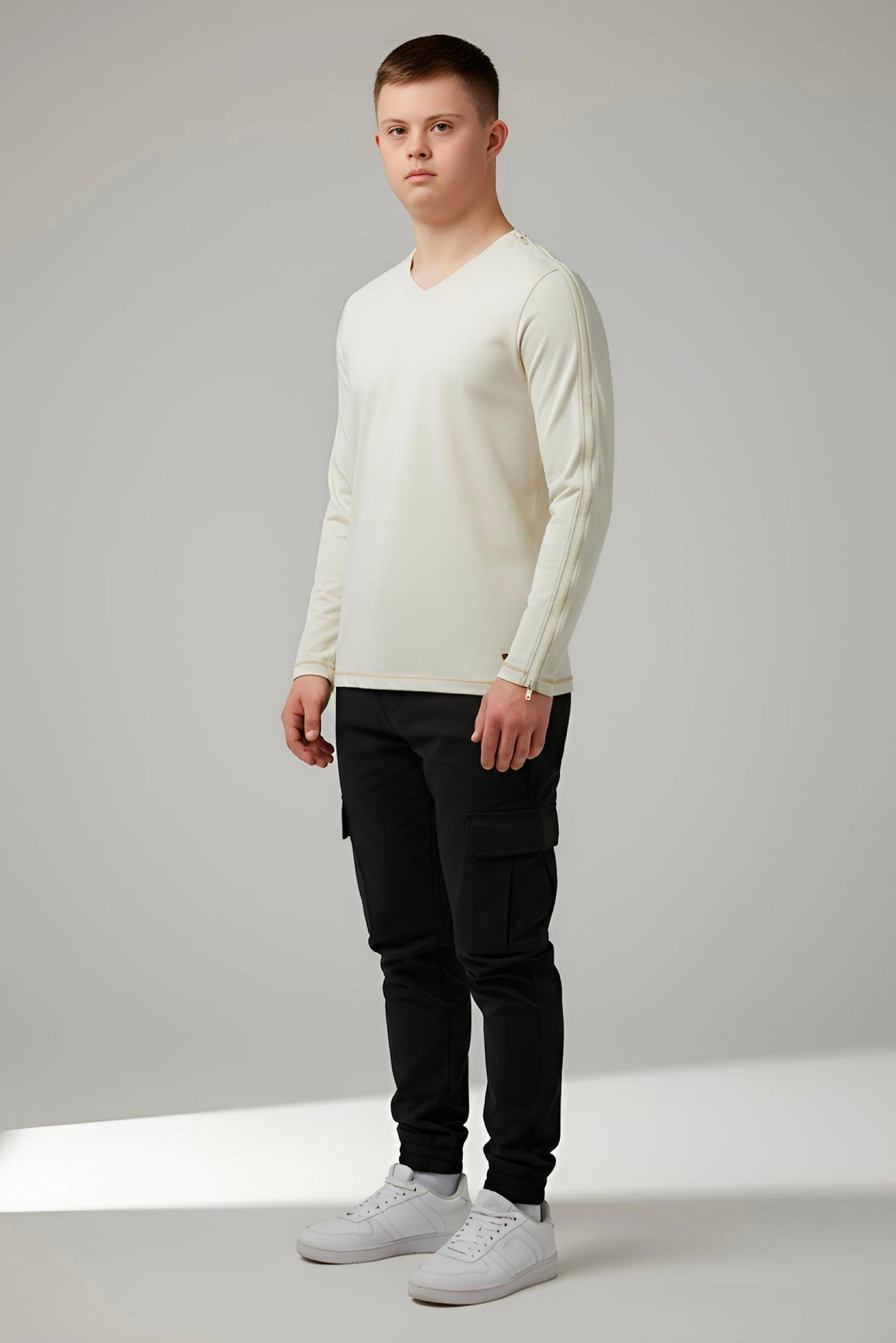 Adaptive Kids Long Sleeve V-Neck Top: Full Shoulder Zipper for Easy Undressing