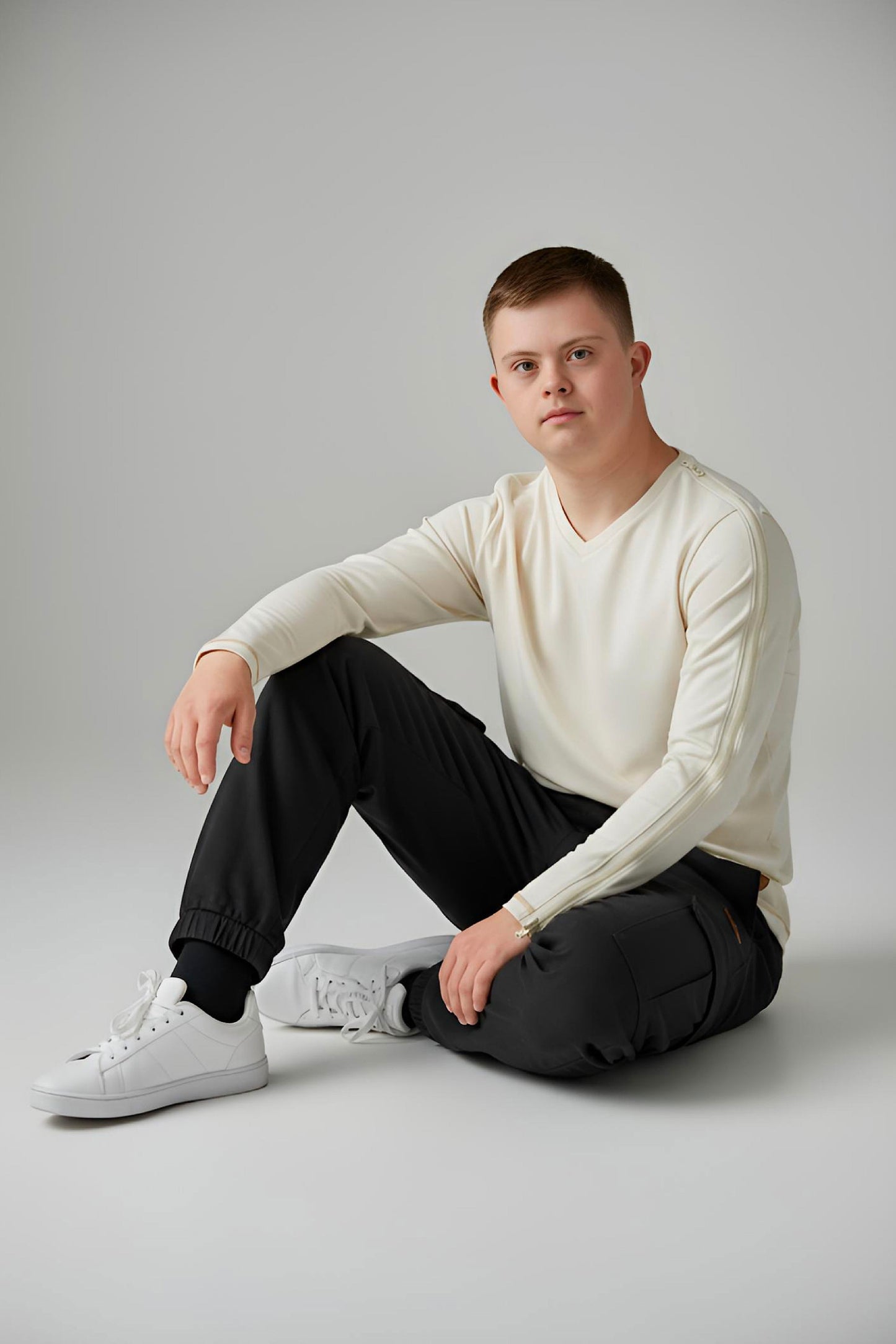 Adaptive Kids Long Sleeve V-Neck Top: Full Shoulder Zipper for Easy Undressing