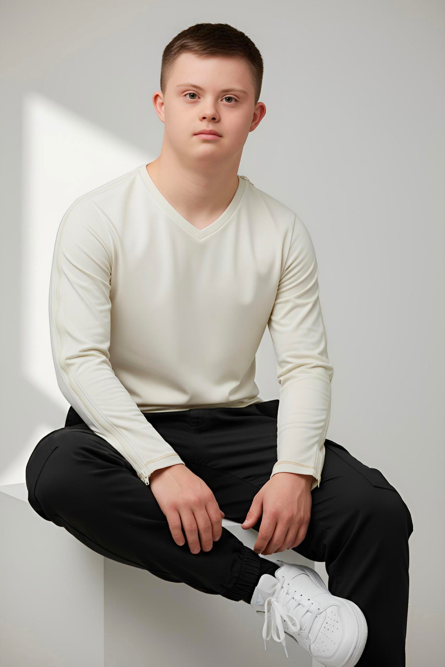 Adaptive Kids Long Sleeve V-Neck Top: Full Shoulder Zipper for Easy Undressing