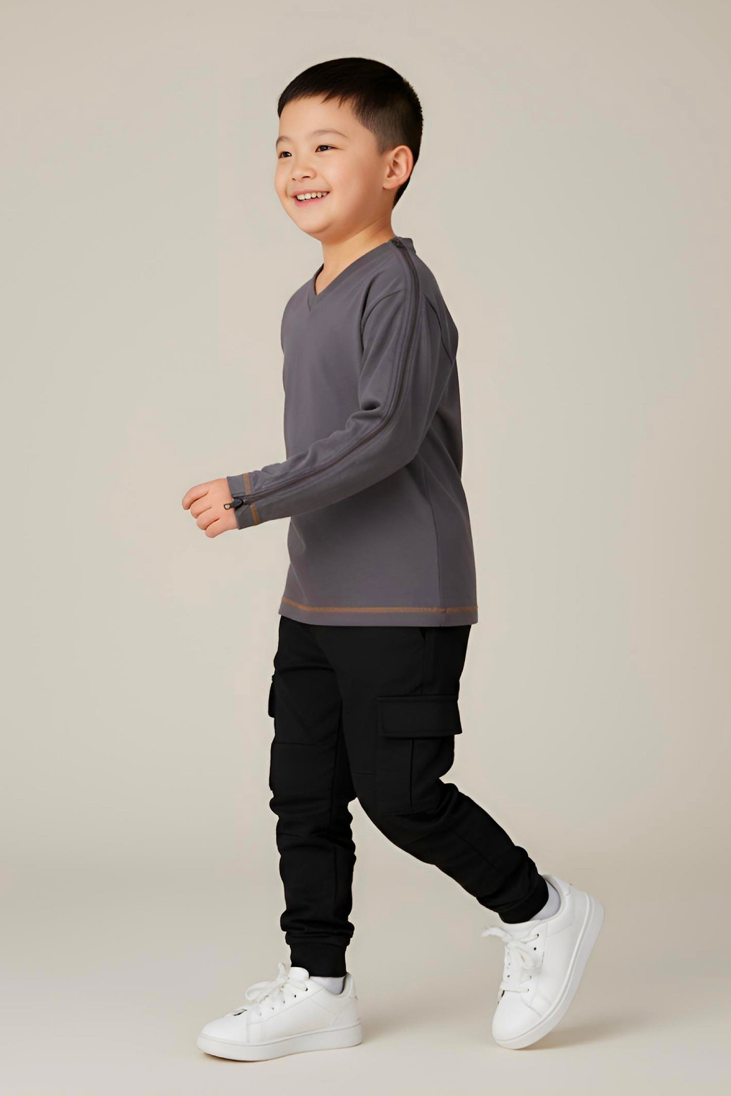 Adaptive Kids Long Sleeve V-Neck Top: Full Shoulder Zipper for Easy Undressing