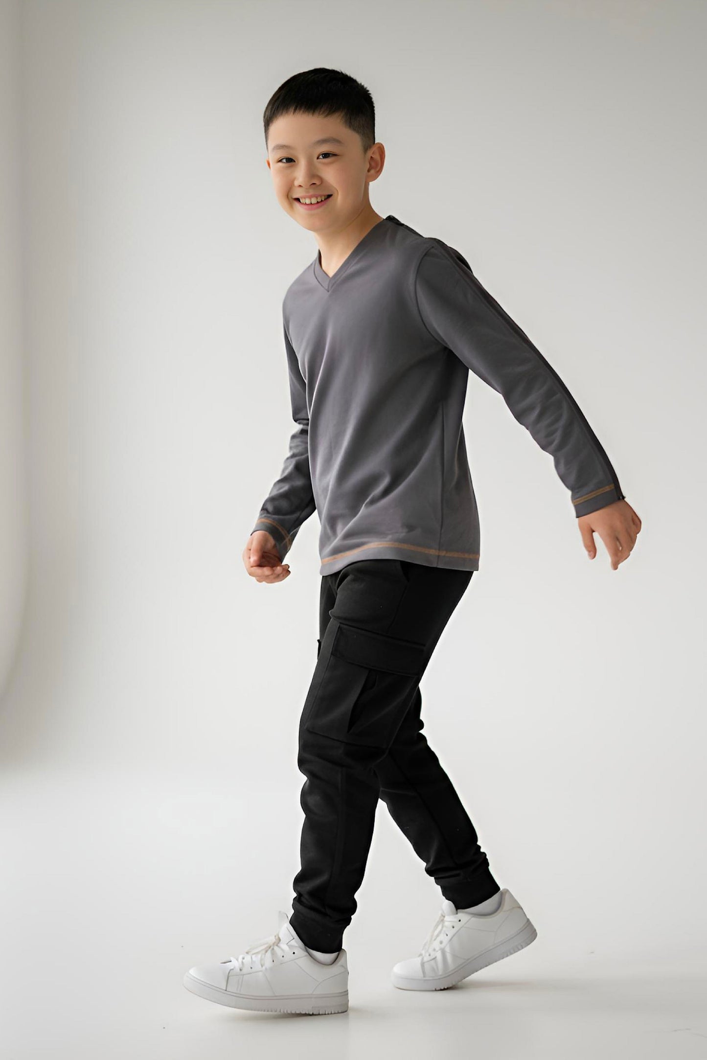 Adaptive Kids Long Sleeve V-Neck Top: Full Shoulder Zipper for Easy Undressing