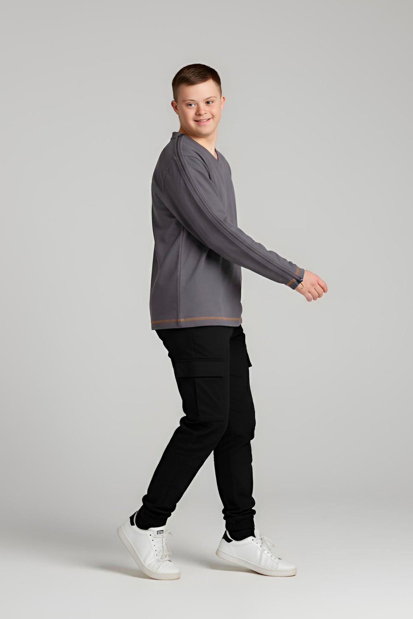 Adaptive Kids Long Sleeve V-Neck Top: Full Shoulder Zipper for Easy Undressing