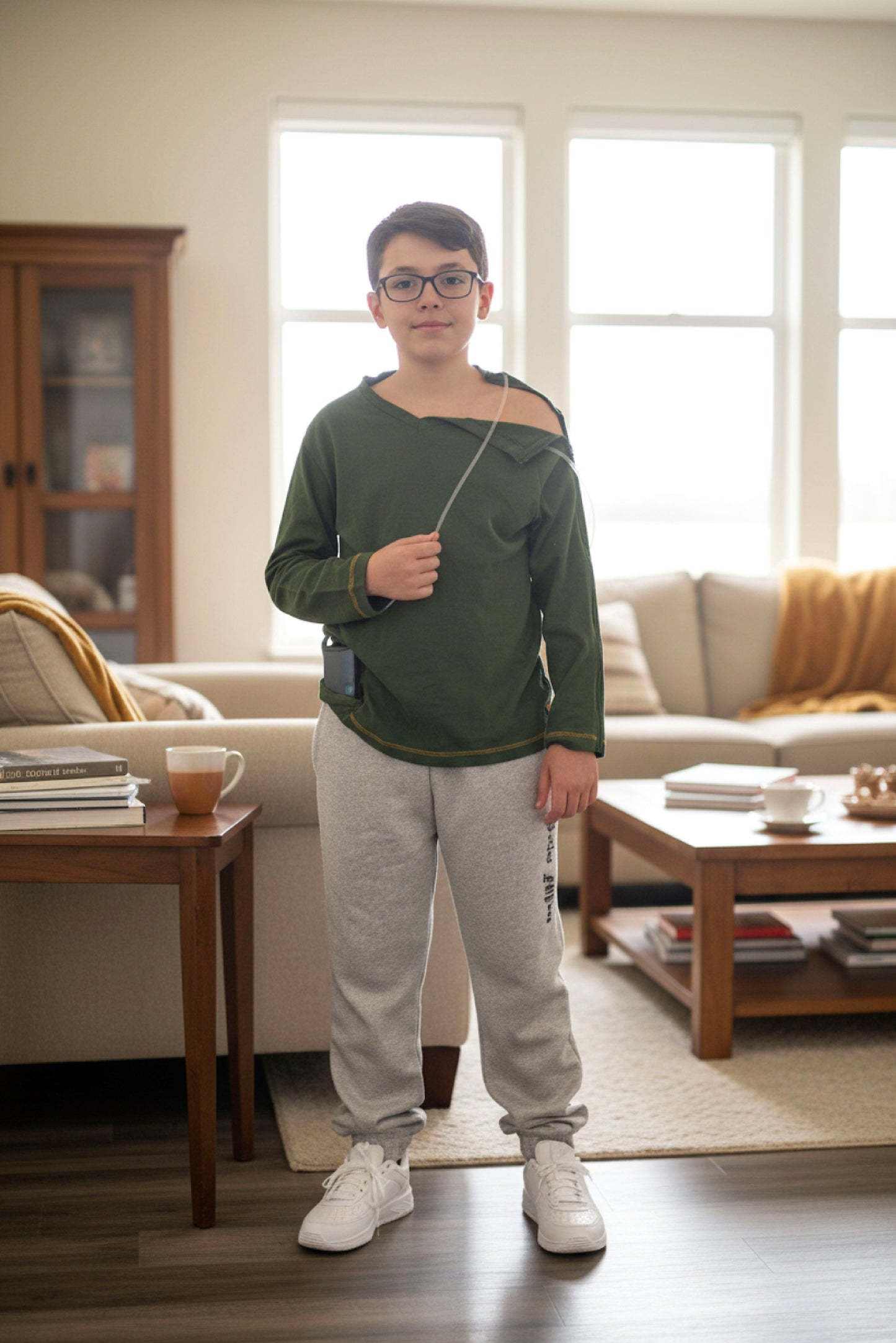 Adaptive Kids Long Sleeve V-Neck Top: Full Shoulder Zipper for Easy Undressing