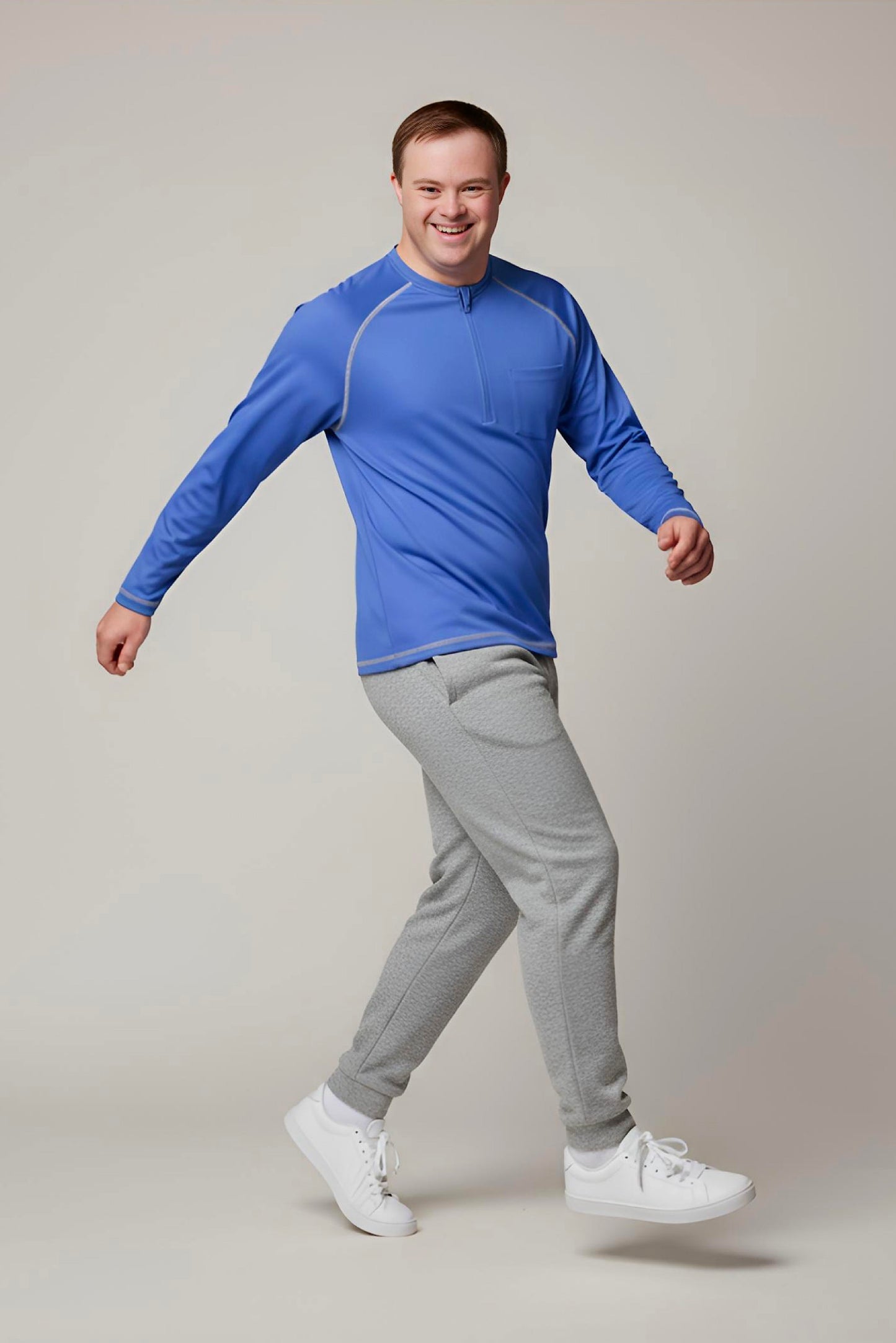 Men’s Adaptive Clothing Long Ragland Sleeve Soft Style Cotton Crow Neck Top, Half Zipper Front, Ragland Sleeve Zipper Easy Undressing