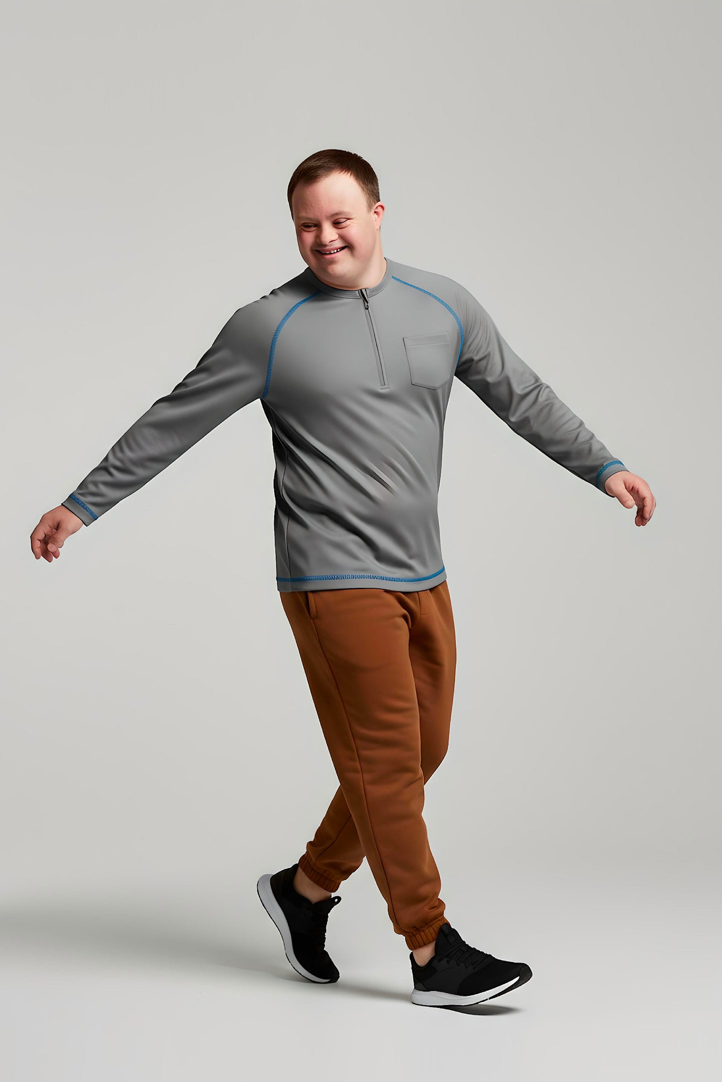 Men’s Adaptive Clothing Long Ragland Sleeve Soft Style Cotton Crow Neck Top, Half Zipper Front, Ragland Sleeve Zipper Easy Undressing