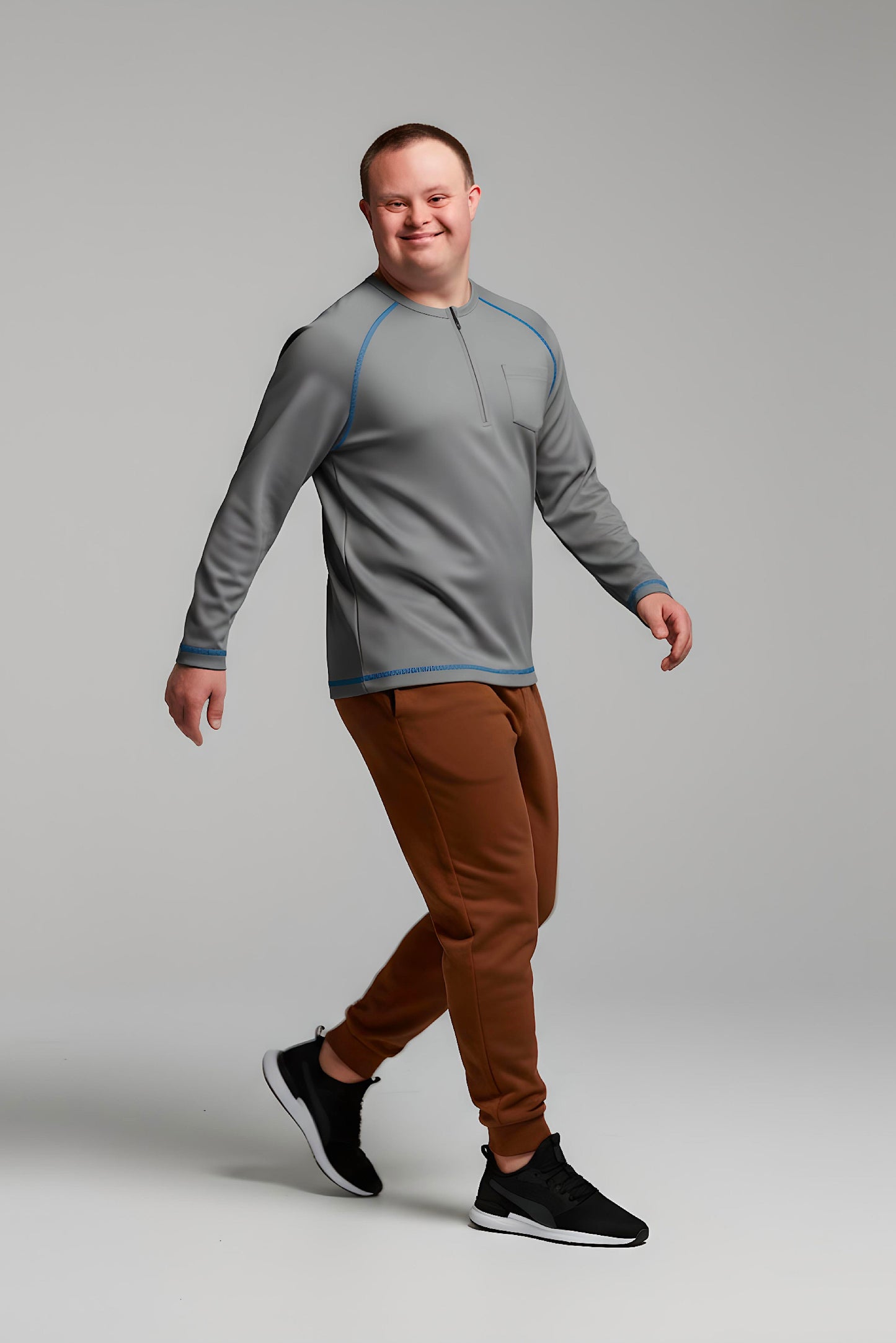 Men’s Adaptive Clothing Long Ragland Sleeve Soft Style Cotton Crow Neck Top, Half Zipper Front, Ragland Sleeve Zipper Easy Undressing