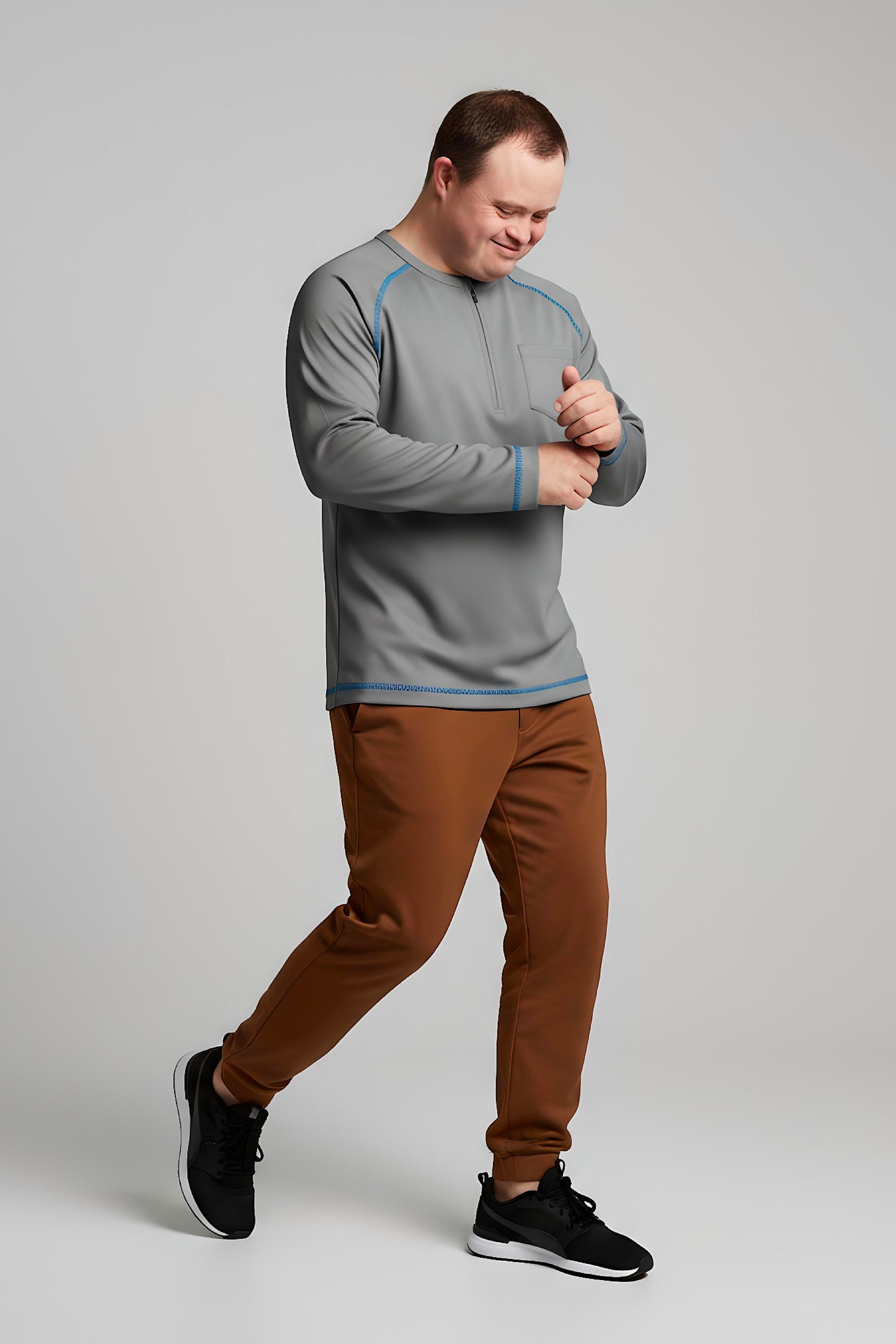 Men’s Adaptive Clothing Long Ragland Sleeve Soft Style Cotton Crow Neck Top, Half Zipper Front, Ragland Sleeve Zipper Easy Undressing