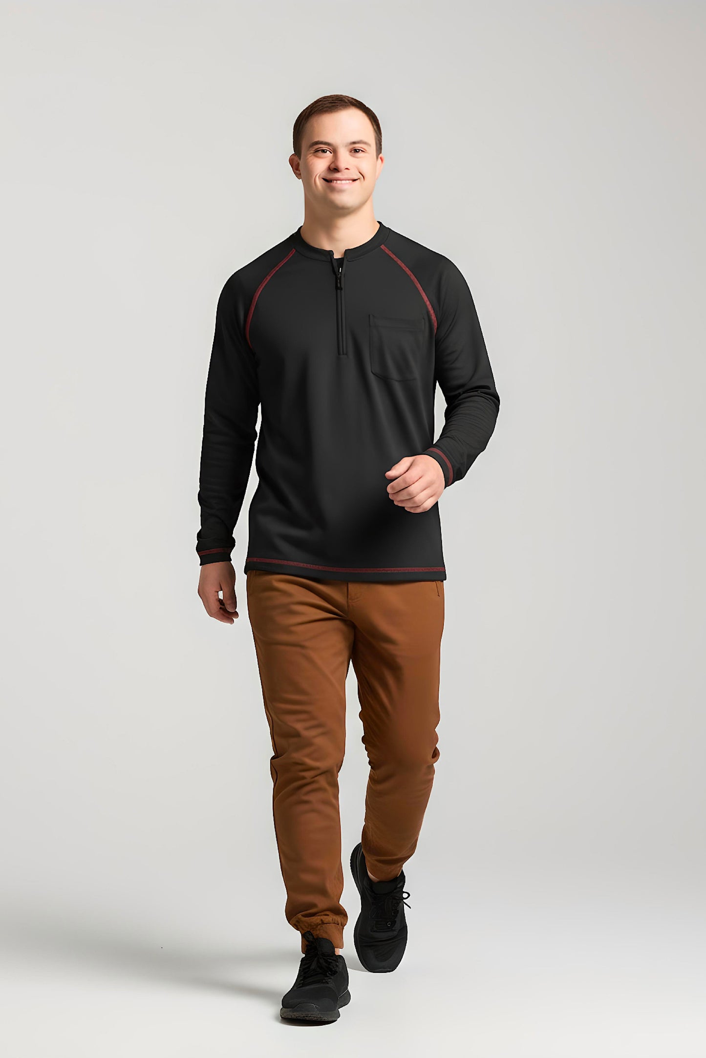 Men’s Adaptive Clothing Long Ragland Sleeve Soft Style Cotton Crow Neck Top, Half Zipper Front, Ragland Sleeve Zipper Easy Undressing