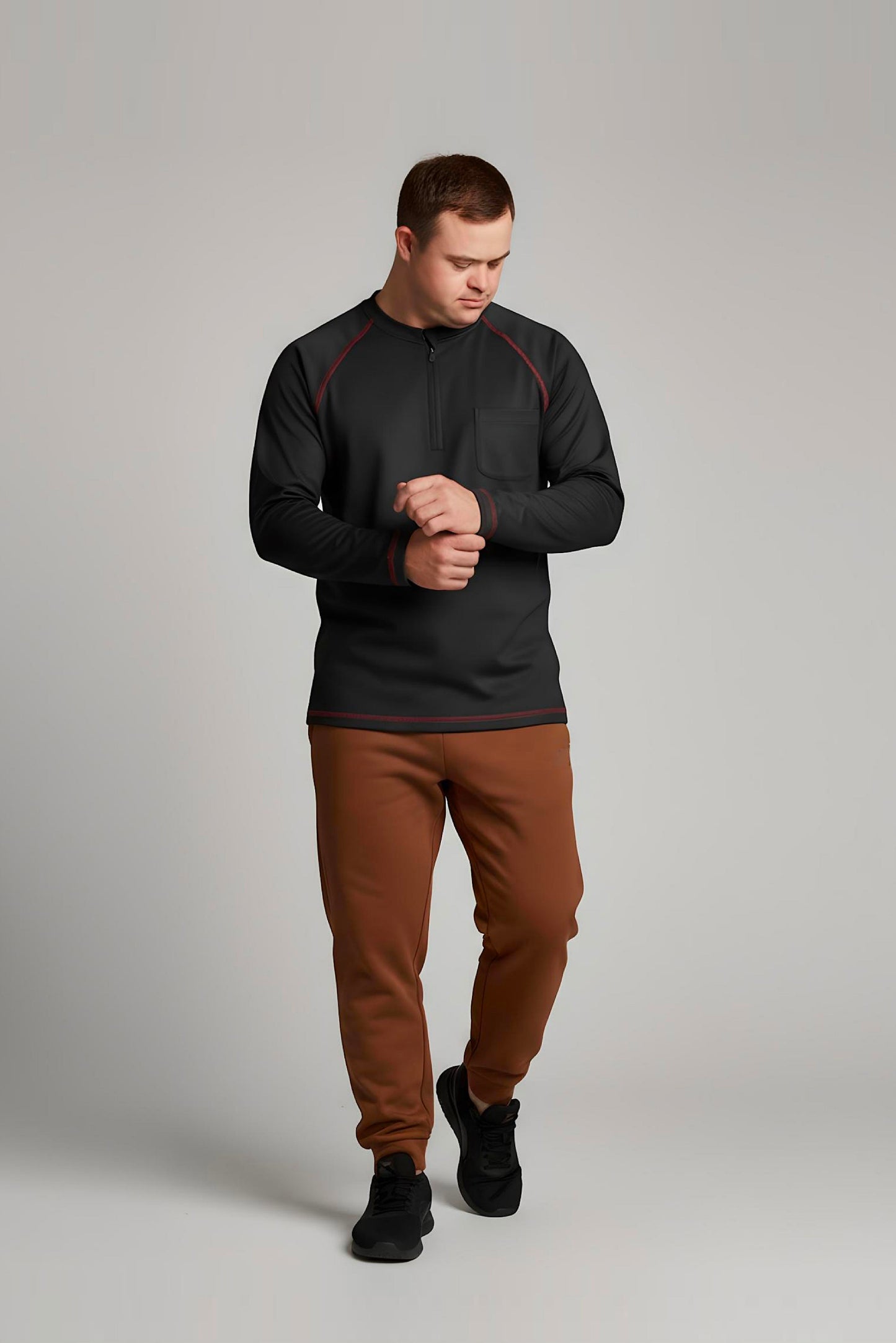 Men’s Adaptive Clothing Long Ragland Sleeve Soft Style Cotton Crow Neck Top, Half Zipper Front, Ragland Sleeve Zipper Easy Undressing