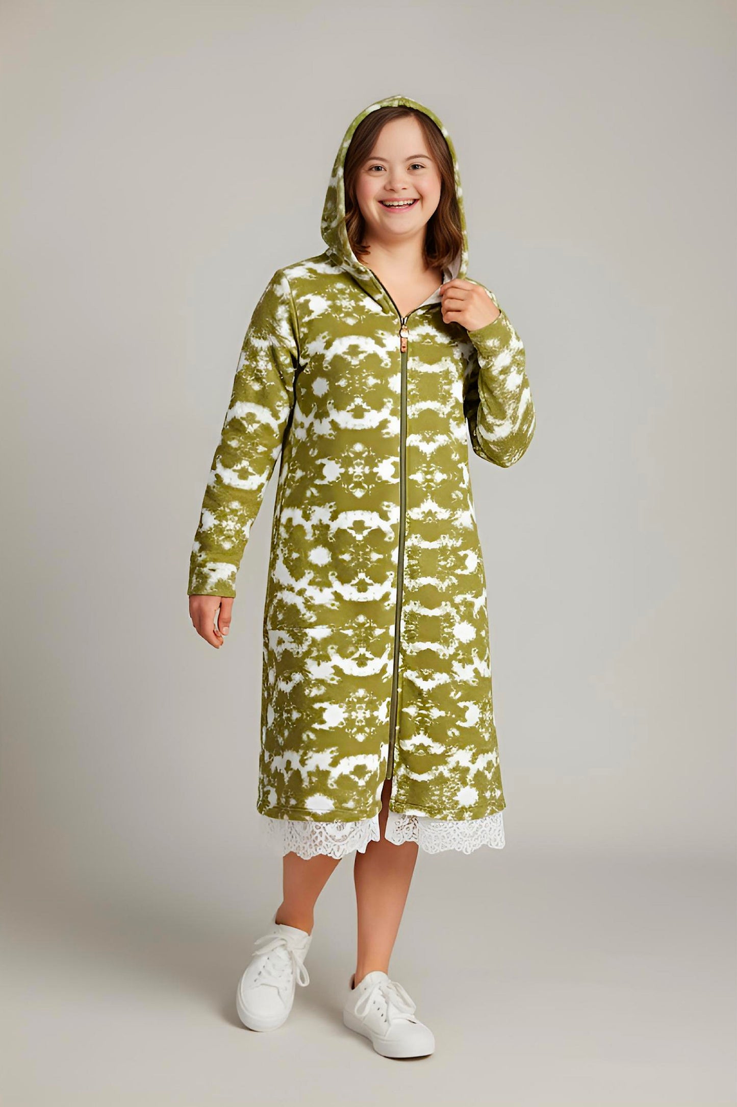 Adaptive Kids Tie-Dye Hoodie Sweatshirt Dress, Front Full Zipper and Easy-Undressing Sleeves