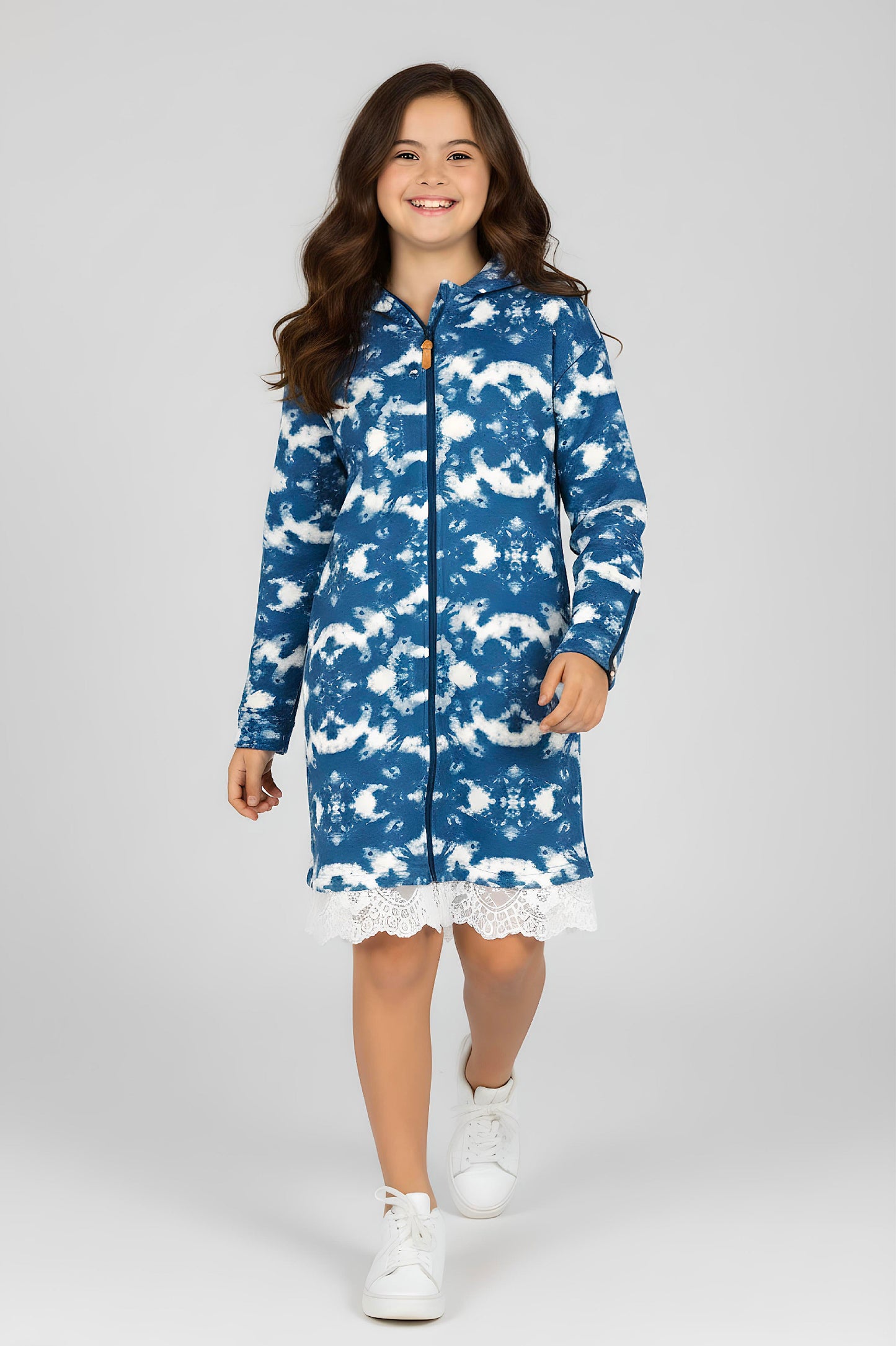 Adaptive Kids Tie-Dye Hoodie Sweatshirt Dress, Front Full Zipper and Easy-Undressing Sleeves