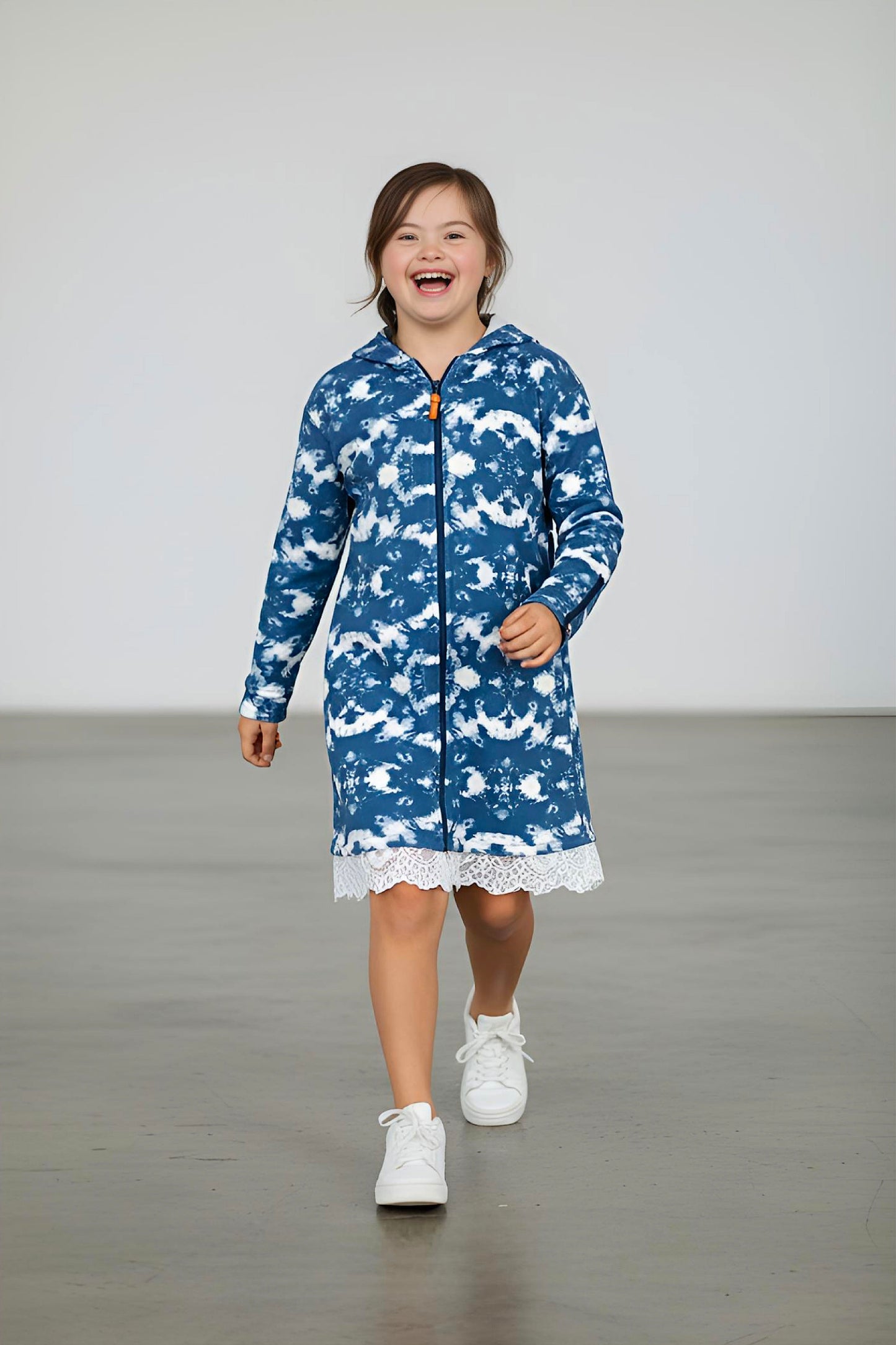 Adaptive Kids Tie-Dye Hoodie Sweatshirt Dress, Front Full Zipper and Easy-Undressing Sleeves