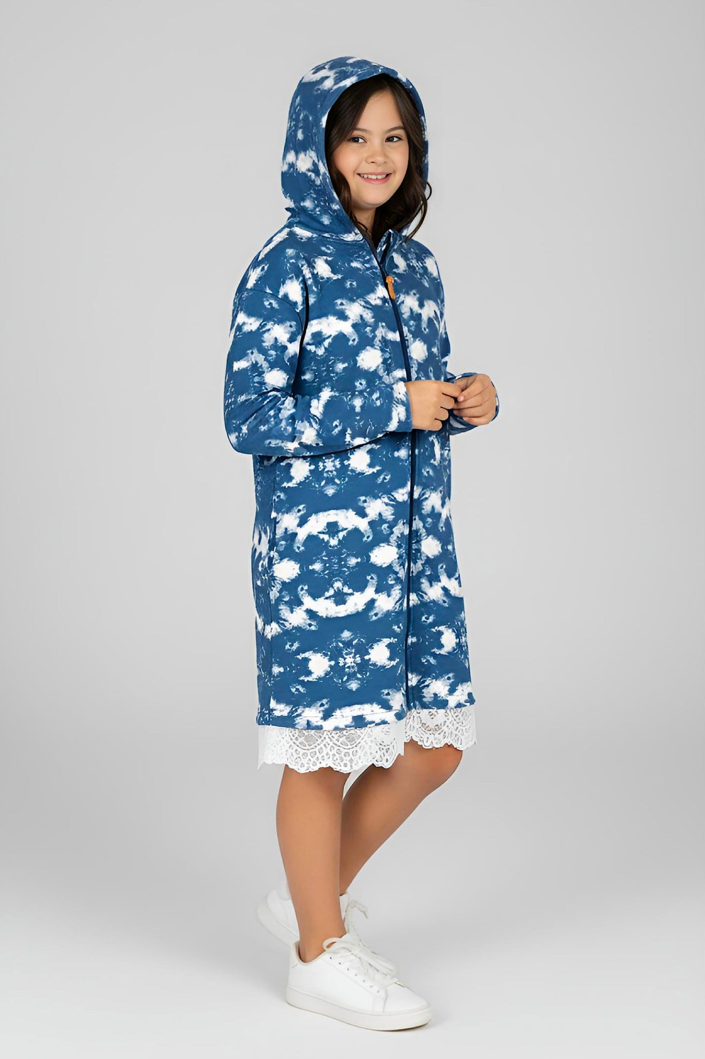 Adaptive Kids Tie-Dye Hoodie Sweatshirt Dress, Front Full Zipper and Easy-Undressing Sleeves