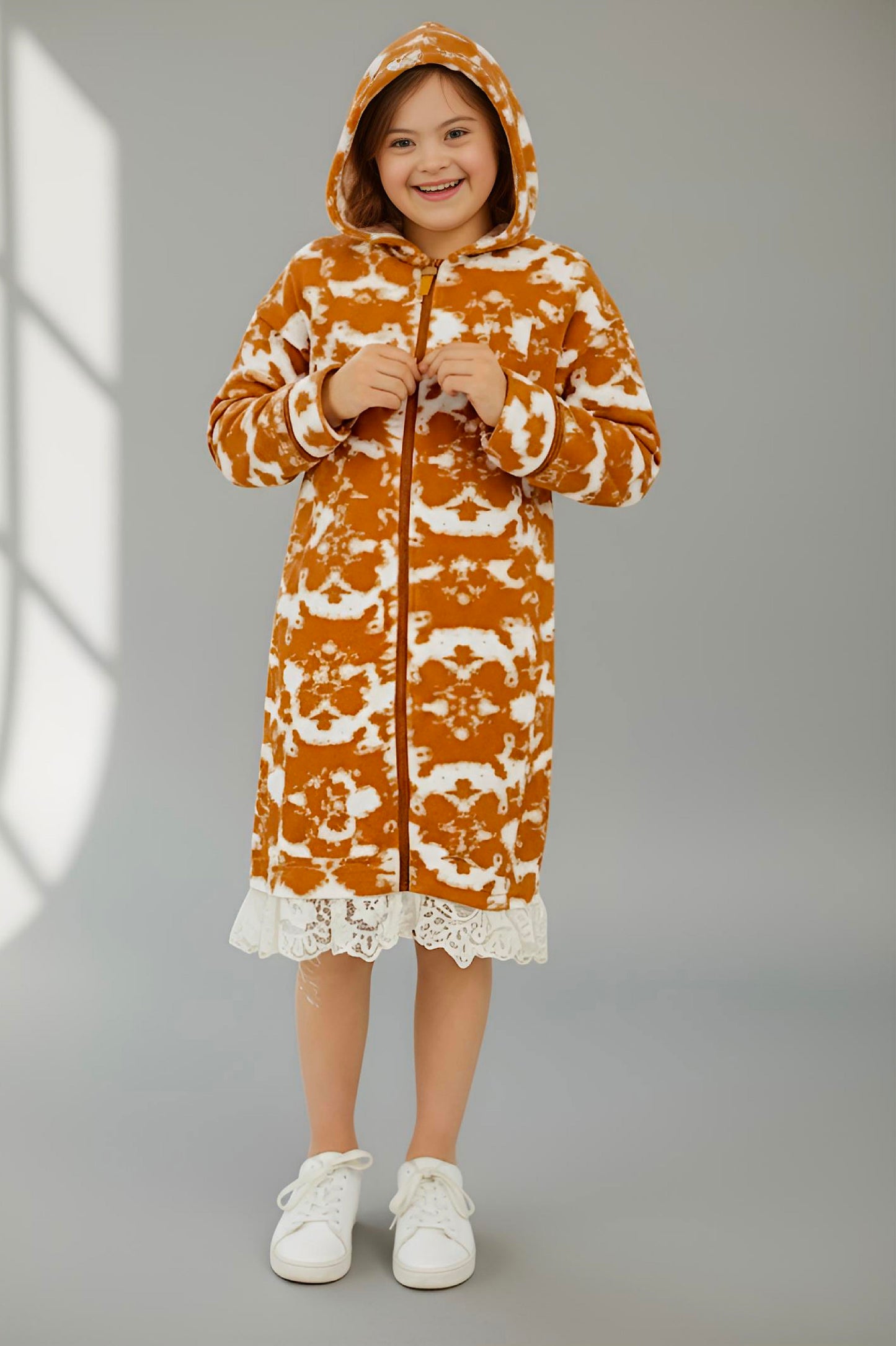 Adaptive Kids Tie-Dye Hoodie Sweatshirt Dress, Front Full Zipper and Easy-Undressing Sleeves