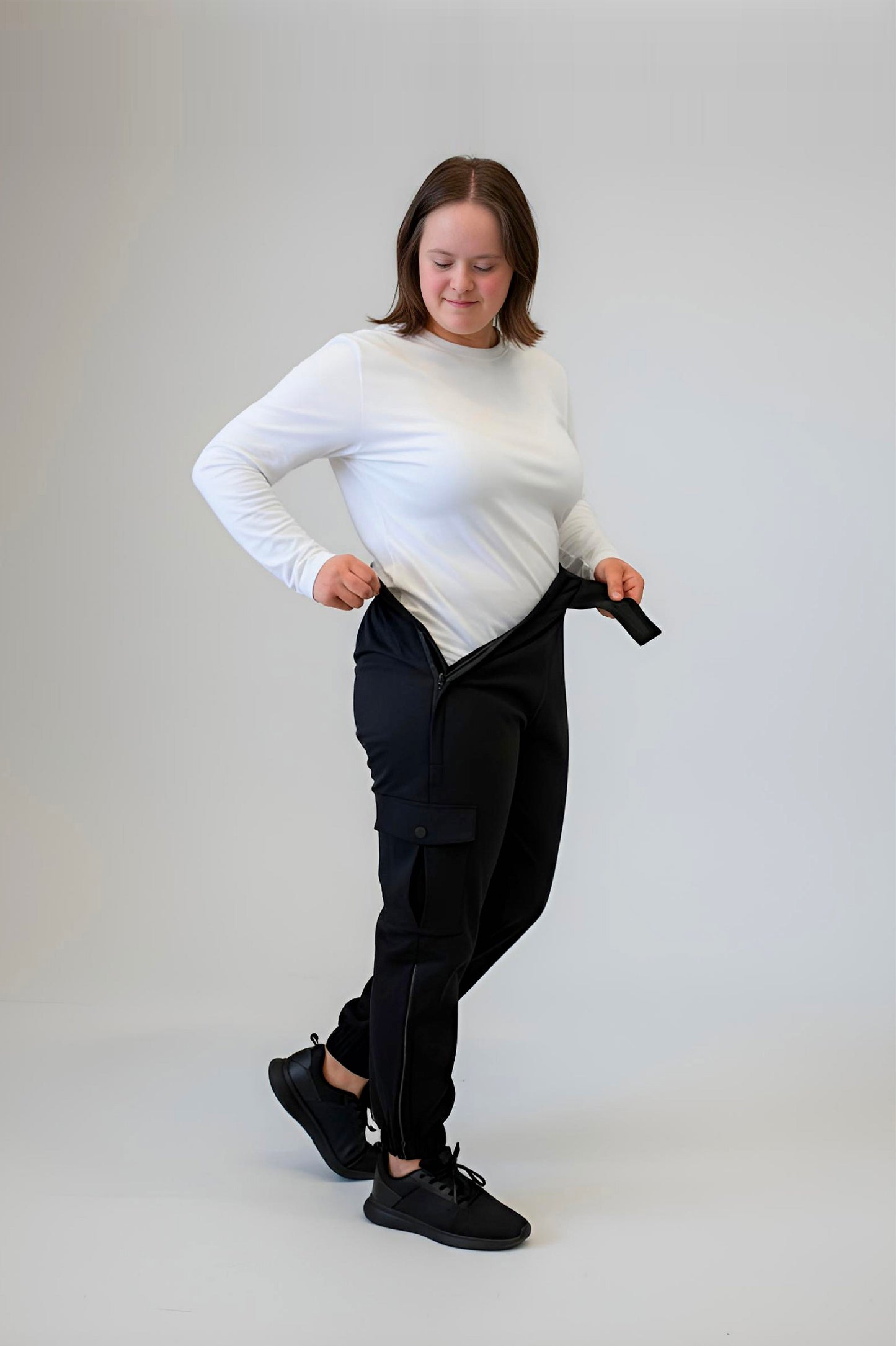 Women's Adaptive Clothing: Stretch Classic Cargo Pocket Pant, Elastic Waistband, Zipper Each Side for Easy Dressing