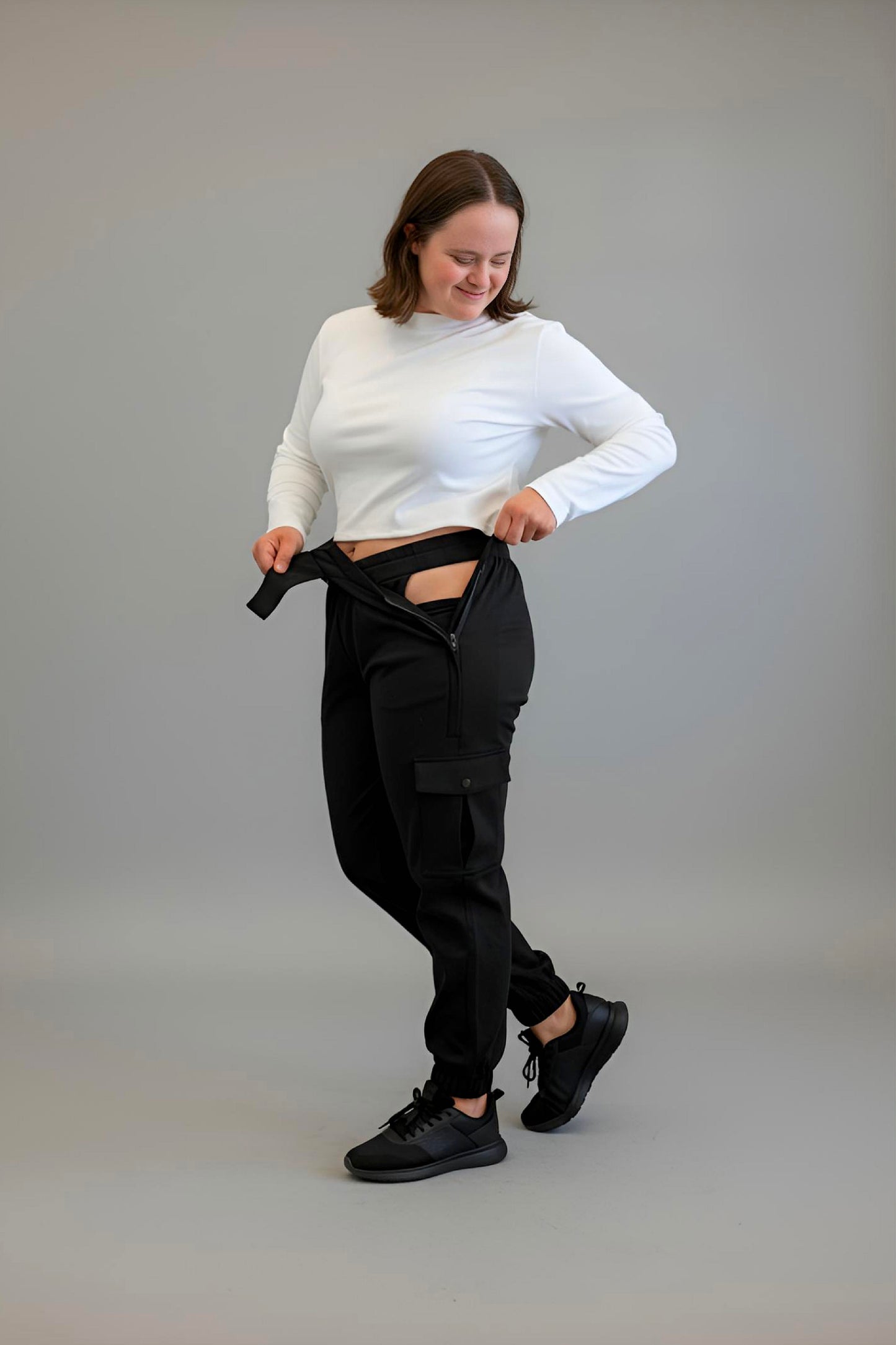 Women's Adaptive Clothing: Stretch Classic Cargo Pocket Pant, Elastic Waistband, Zipper Each Side for Easy Dressing