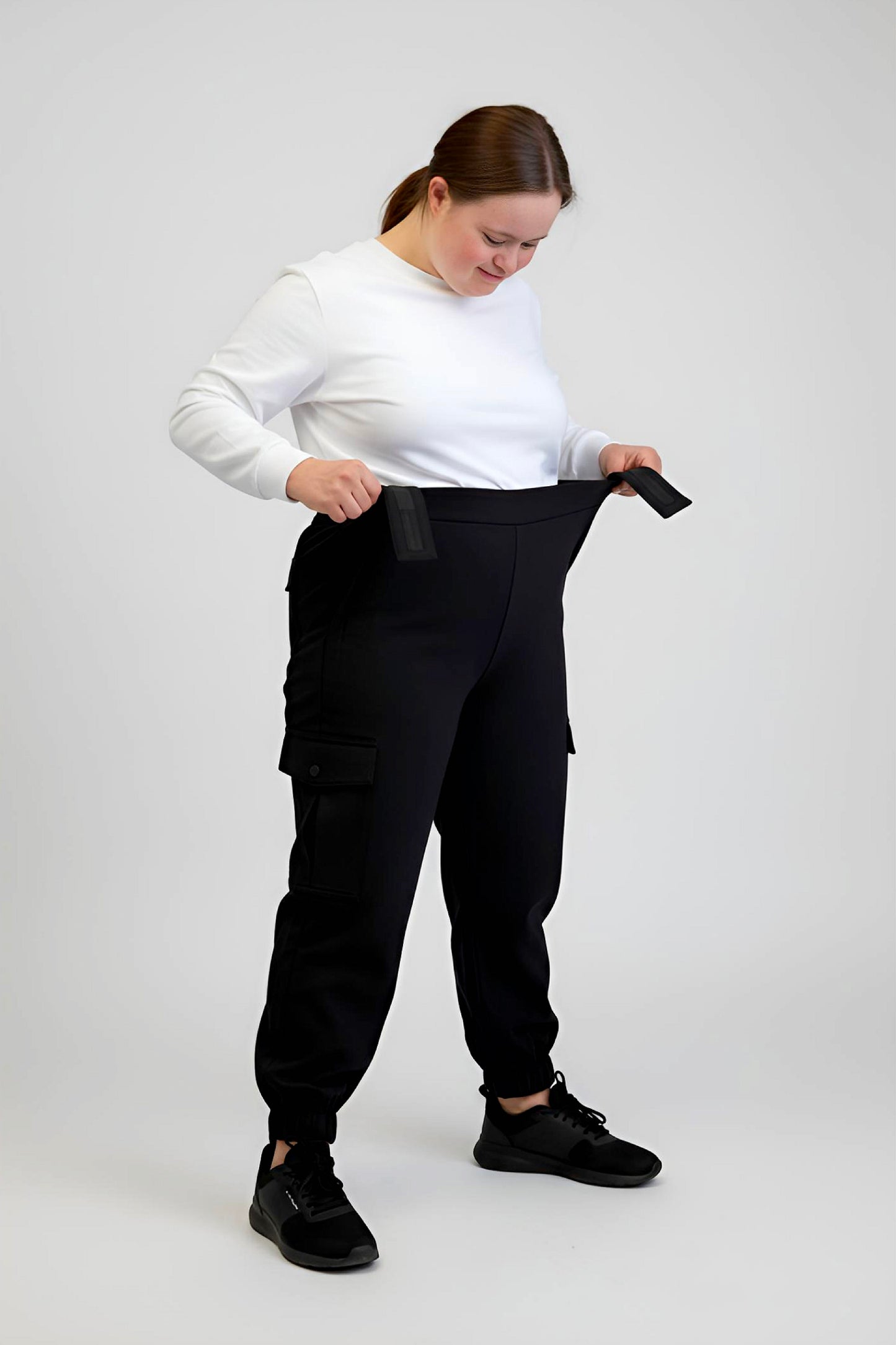 Women's Adaptive Clothing: Stretch Classic Cargo Pocket Pant, Elastic Waistband, Zipper Each Side for Easy Dressing
