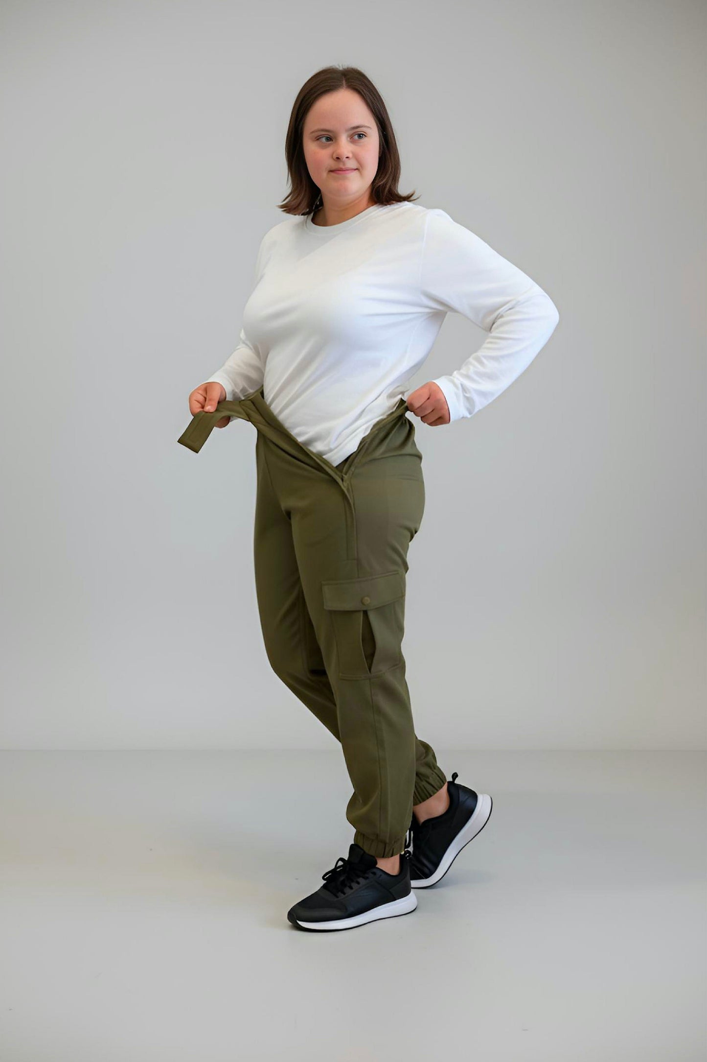 Women's Adaptive Clothing: Stretch Classic Cargo Pocket Pant, Elastic Waistband, Zipper Each Side for Easy Dressing