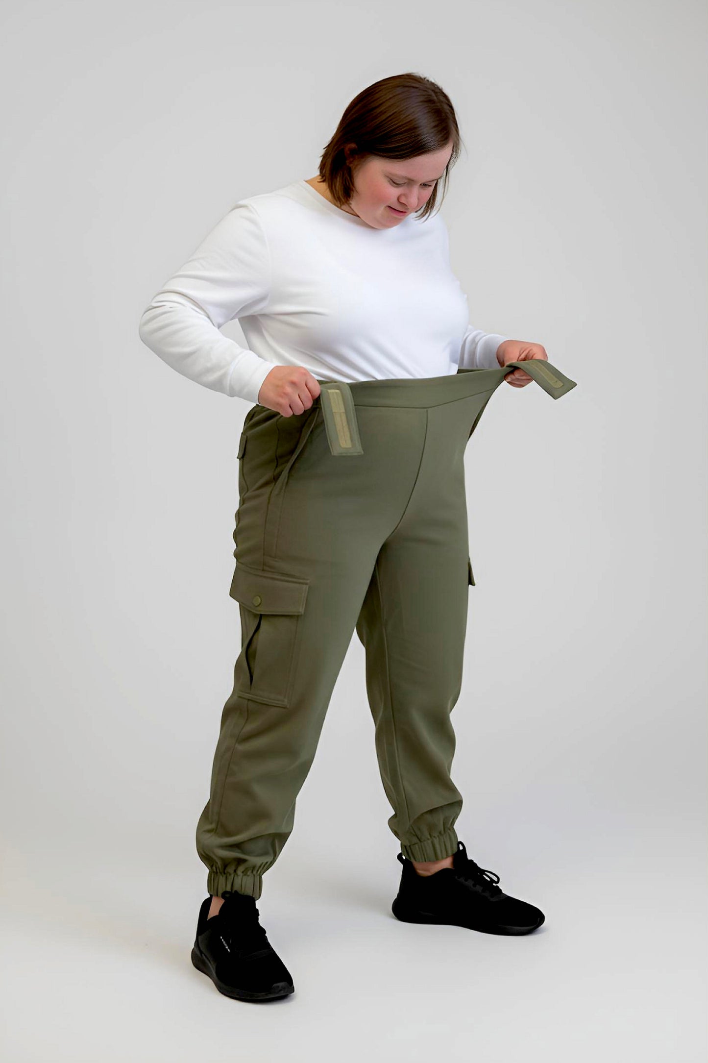 Women's Adaptive Clothing: Stretch Classic Cargo Pocket Pant, Elastic Waistband, Zipper Each Side for Easy Dressing