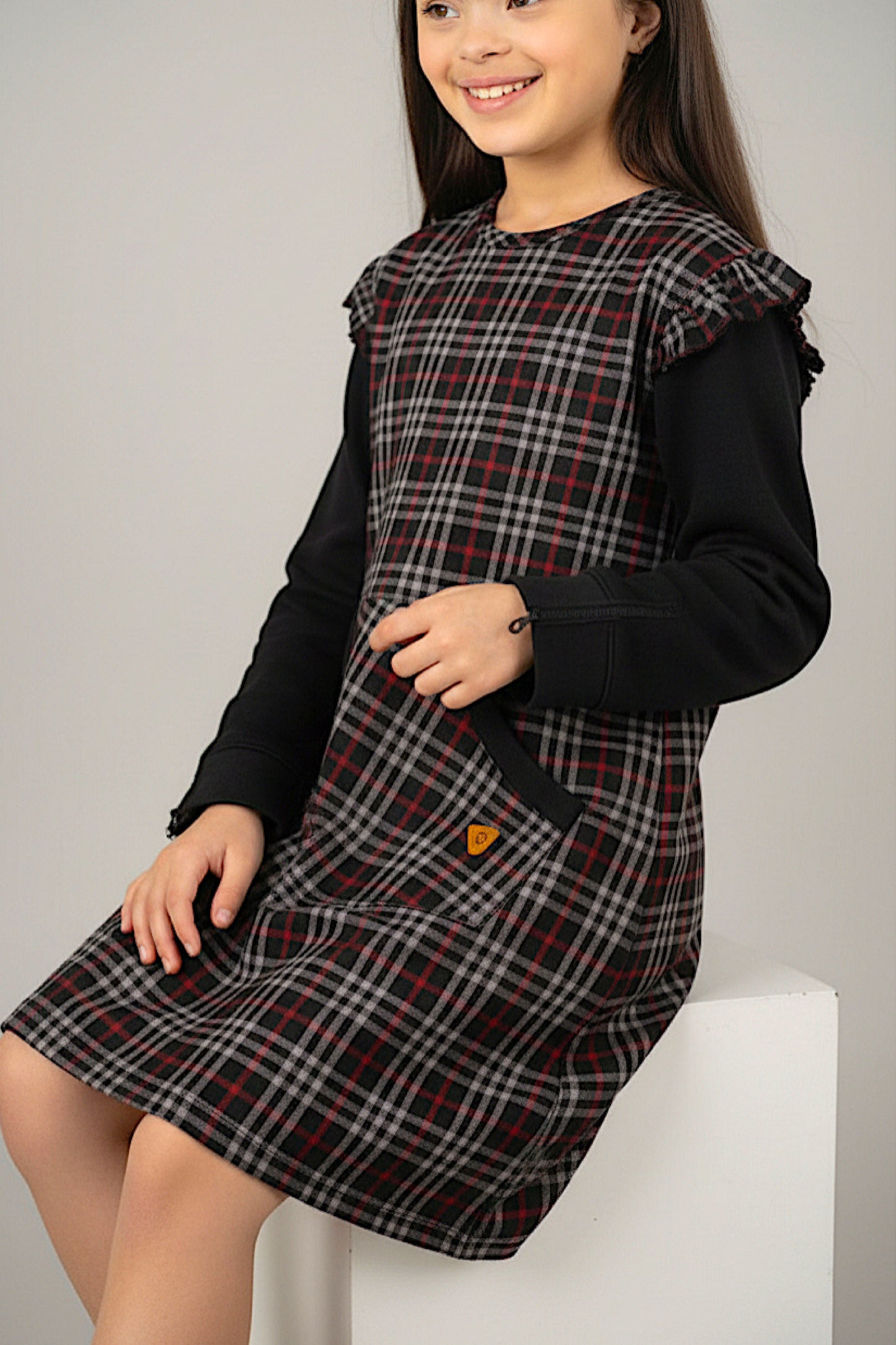 Adaptive Kids Stretch Dress: Back Zipper, Cargo Pocket, Easy-Undressing Sleeves