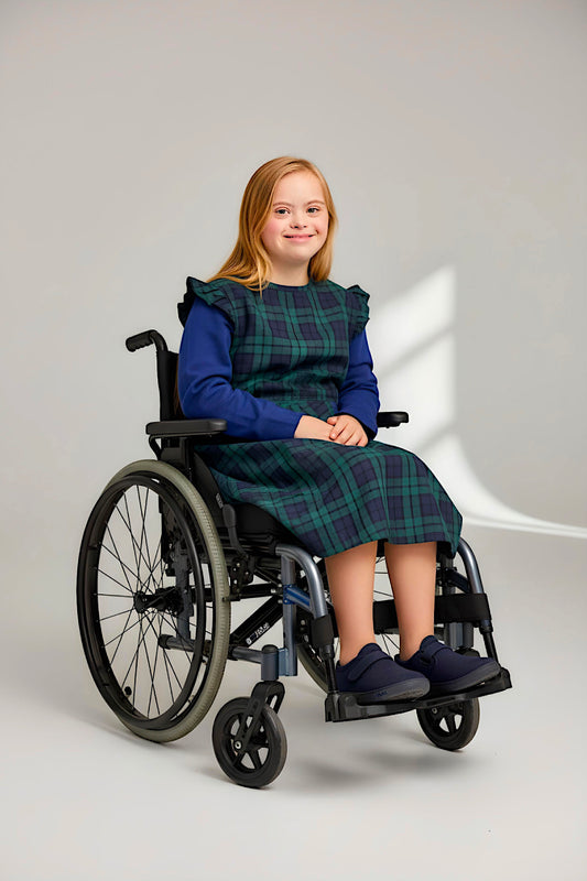 Adaptive Kids Stretch Dress: Back Zipper, Cargo Pocket, Easy-Undressing Sleeves