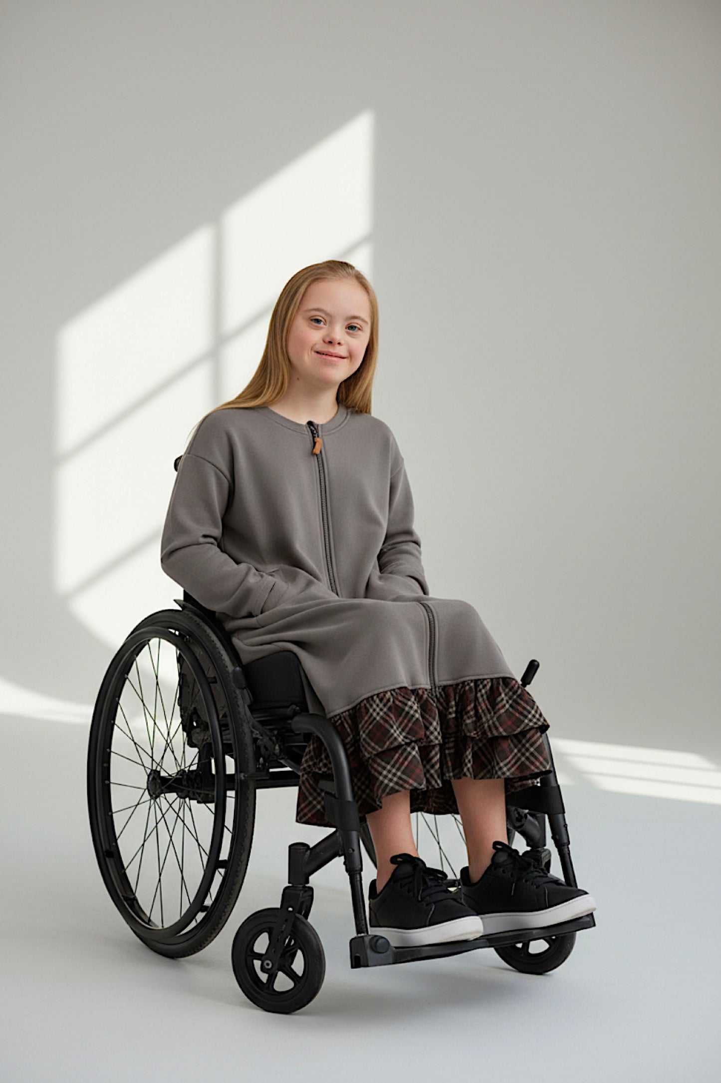 Adaptive Kids Dolman Sweatshirt Dress with full Zipper & Contrast Frills