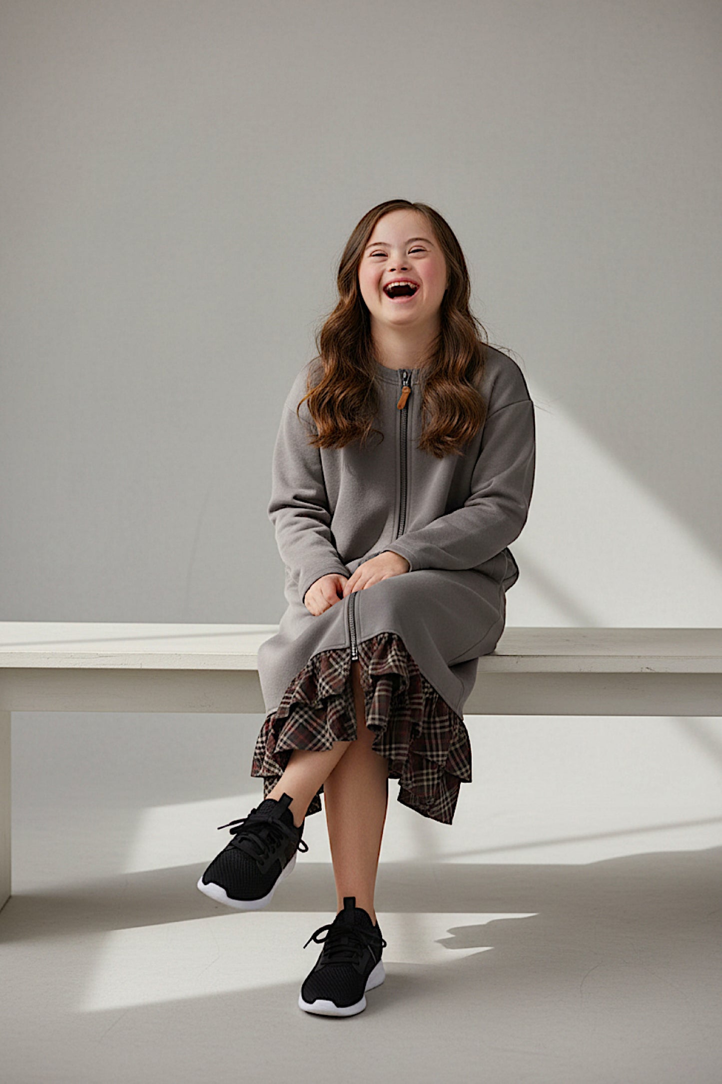 Adaptive Kids Dolman Sweatshirt Dress with full Zipper & Contrast Frills