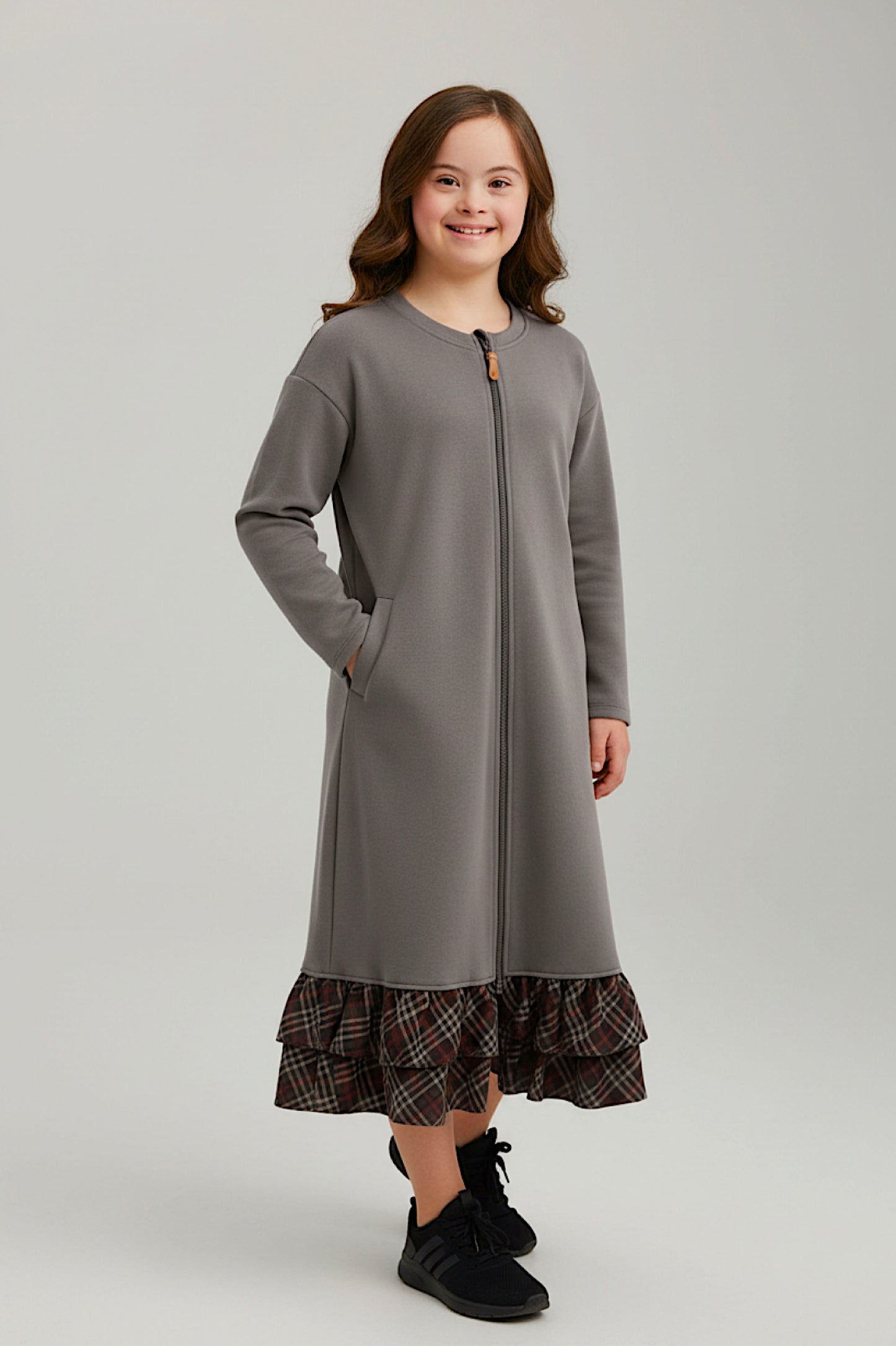 Adaptive Kids Dolman Sweatshirt Dress with full Zipper & Contrast Frills