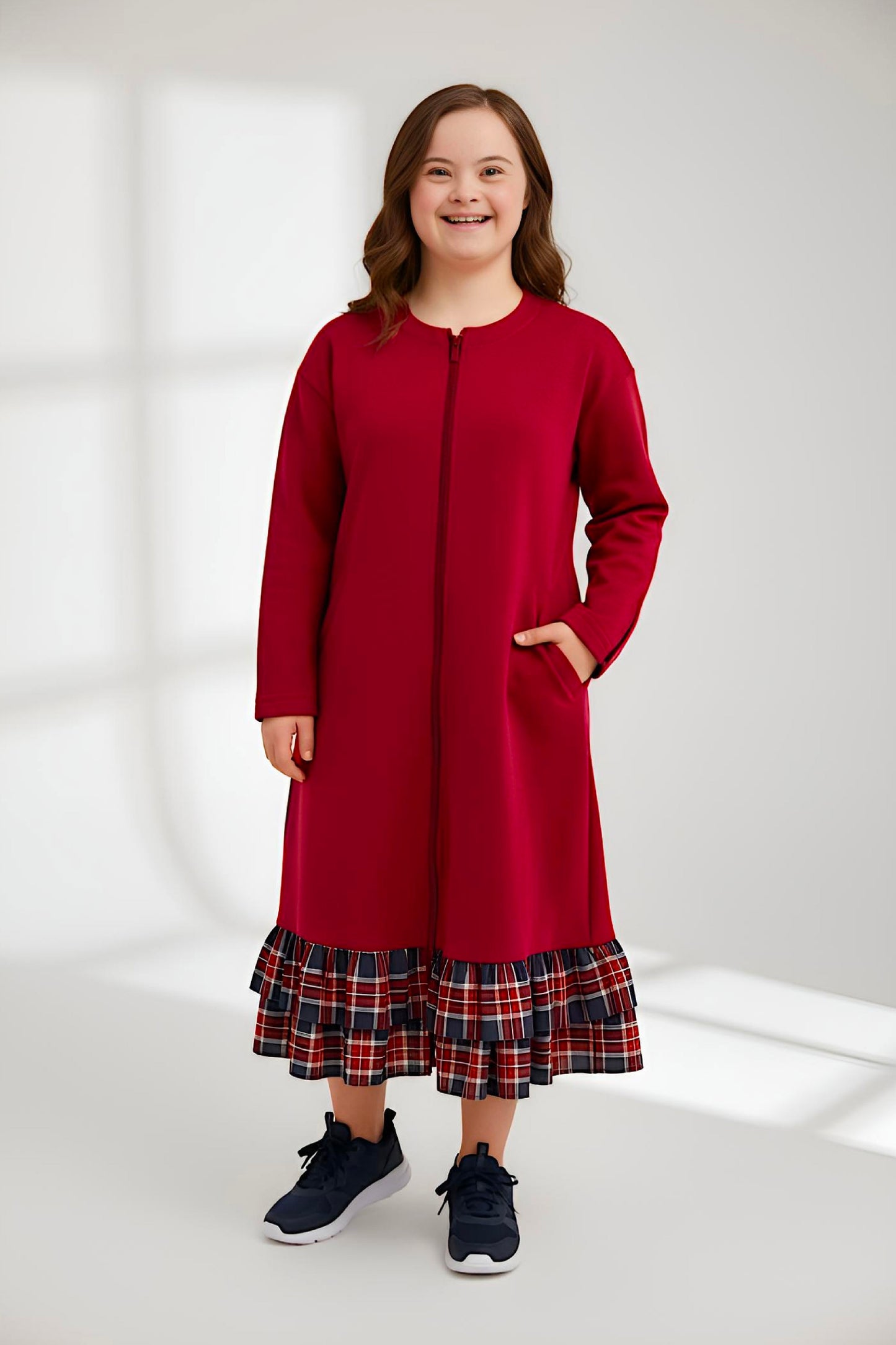 Adaptive Kids Dolman Sweatshirt Dress with full Zipper & Contrast Frills