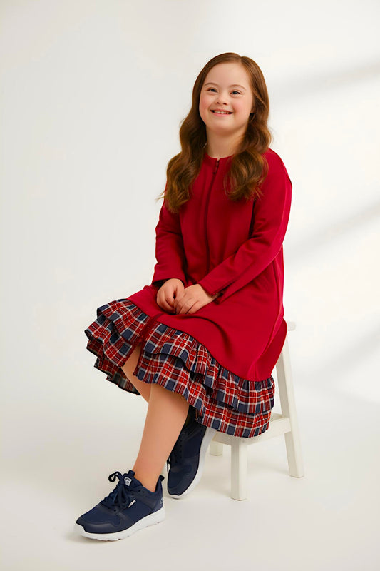Adaptive Kids Dolman Sweatshirt Dress with full Zipper & Contrast Frills