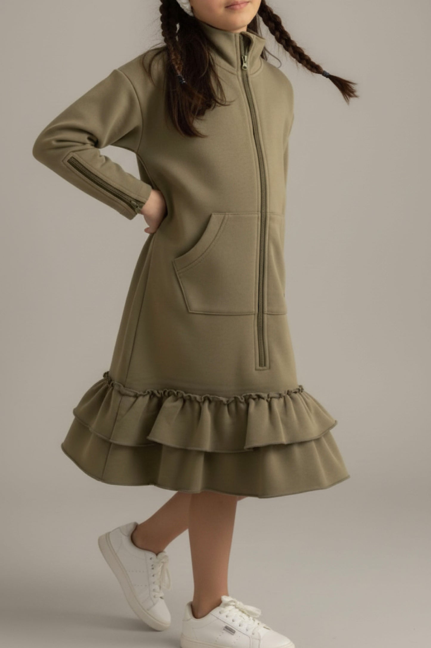 Kids Adaptive Dolman Sweatshirt Dress with Zipper & Cargo Pocket