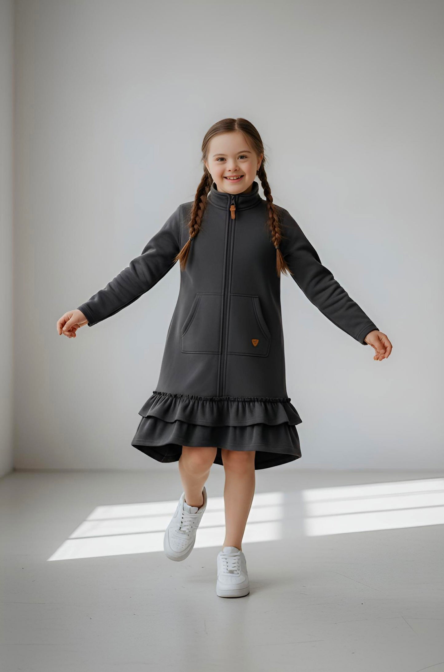 Kids Adaptive Dolman Sweatshirt Dress with Zipper & Cargo Pocket