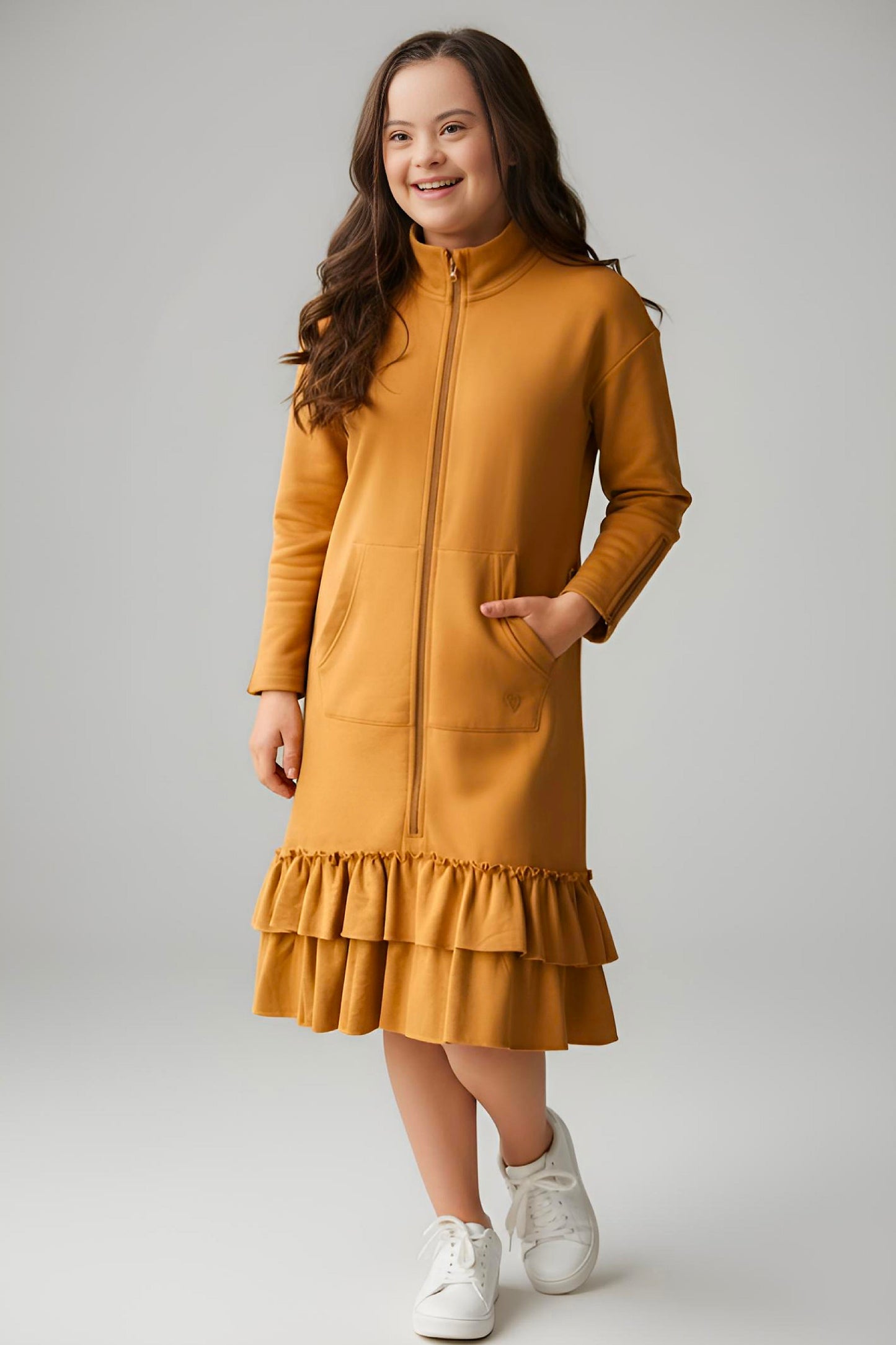 Kids Adaptive Dolman Sweatshirt Dress with Zipper & Cargo Pocket
