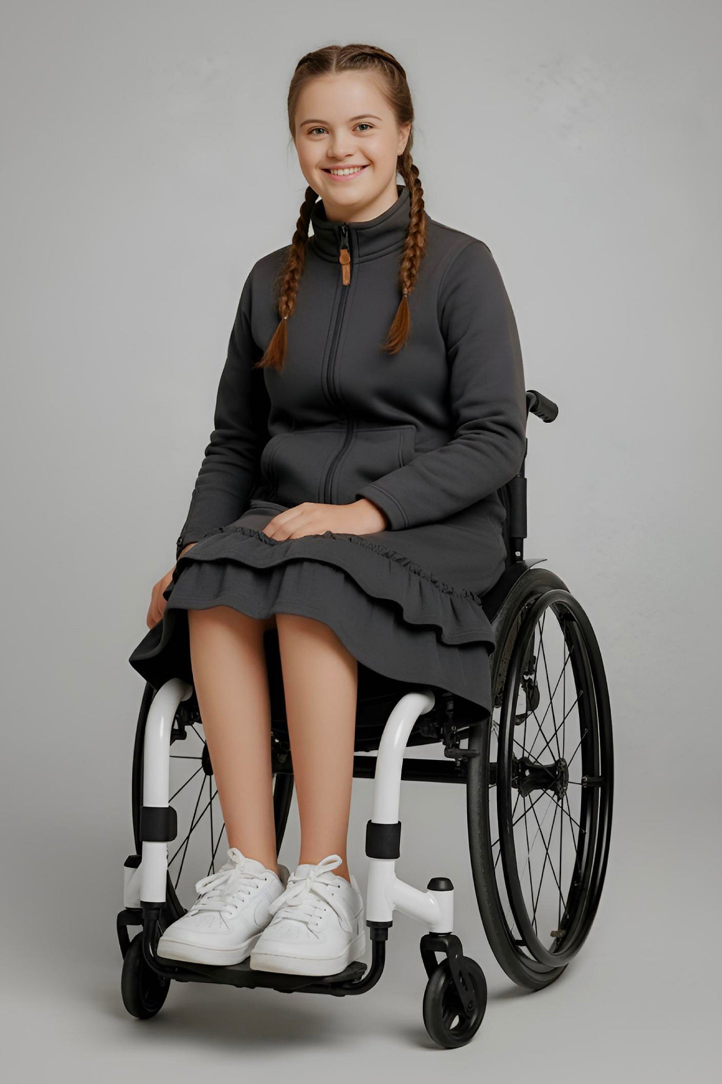 Kids Adaptive Dolman Sweatshirt Dress with Zipper & Cargo Pocket