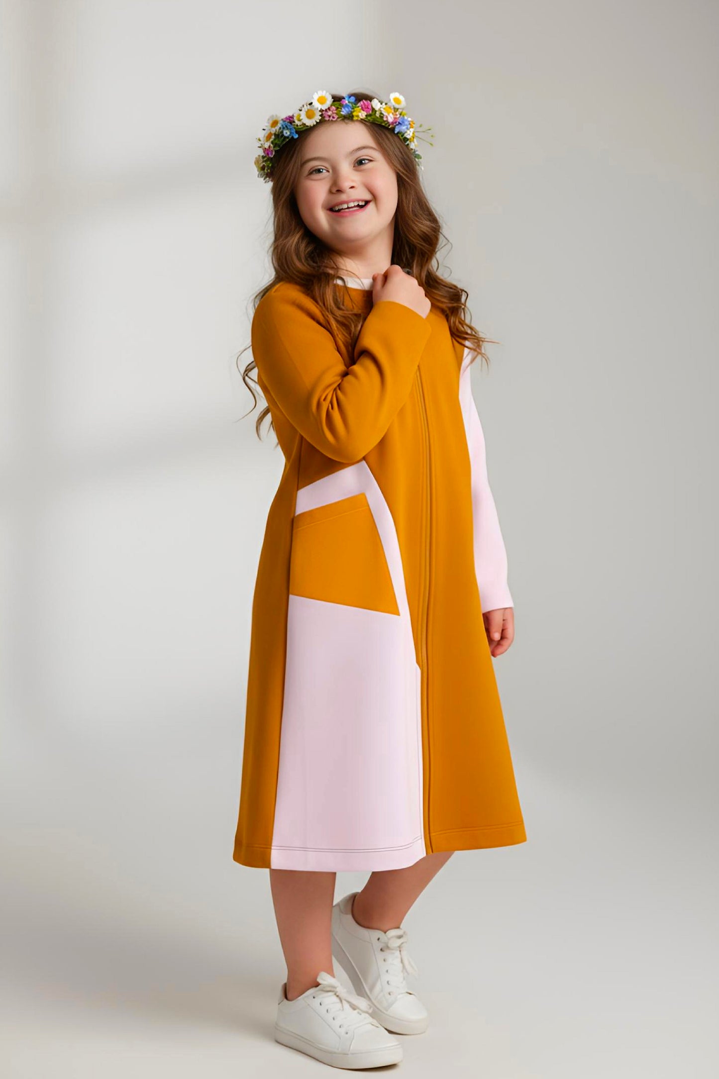 Adaptive Kids Crow Neck Dress with Cargo Pocket & Full Front Zipper for Easy Undressing