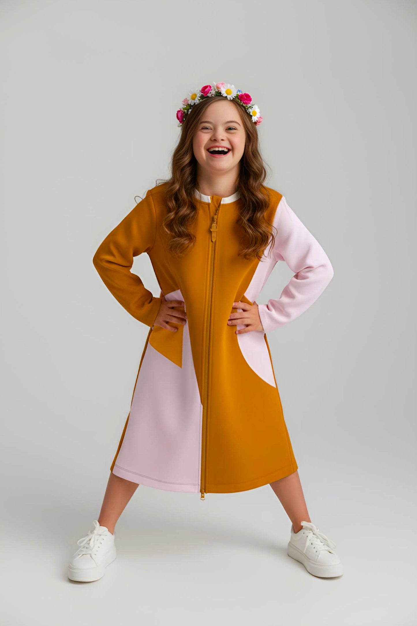 Adaptive Kids Crow Neck Dress with Cargo Pocket & Full Front Zipper for Easy Undressing